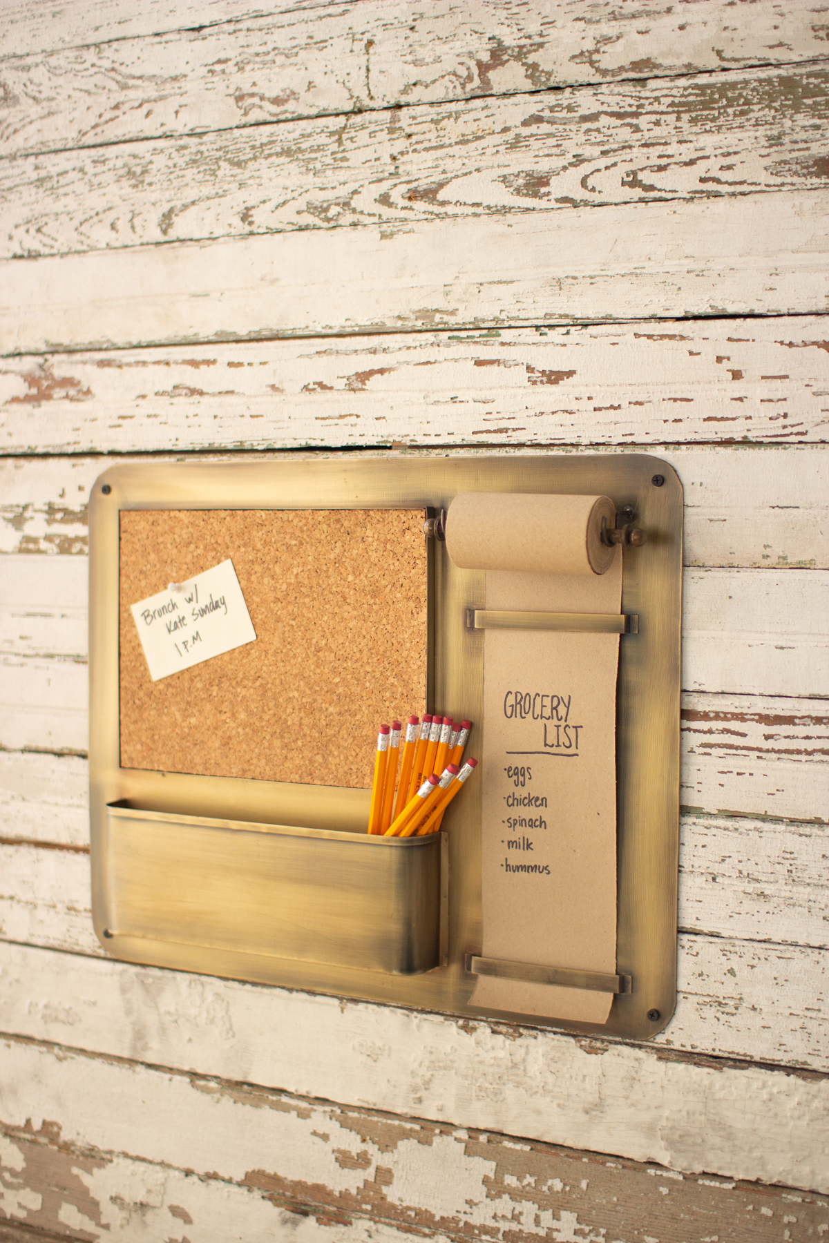 Antique Brass Hanging Note Roll with Cork Board