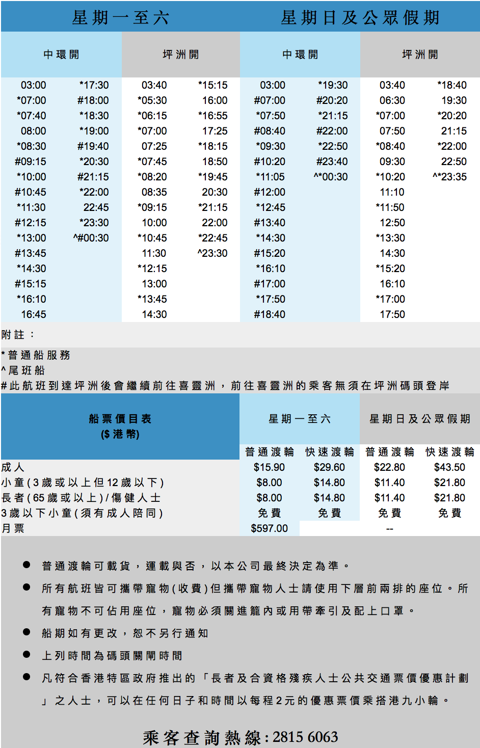 中環-坪洲輪渡時間表