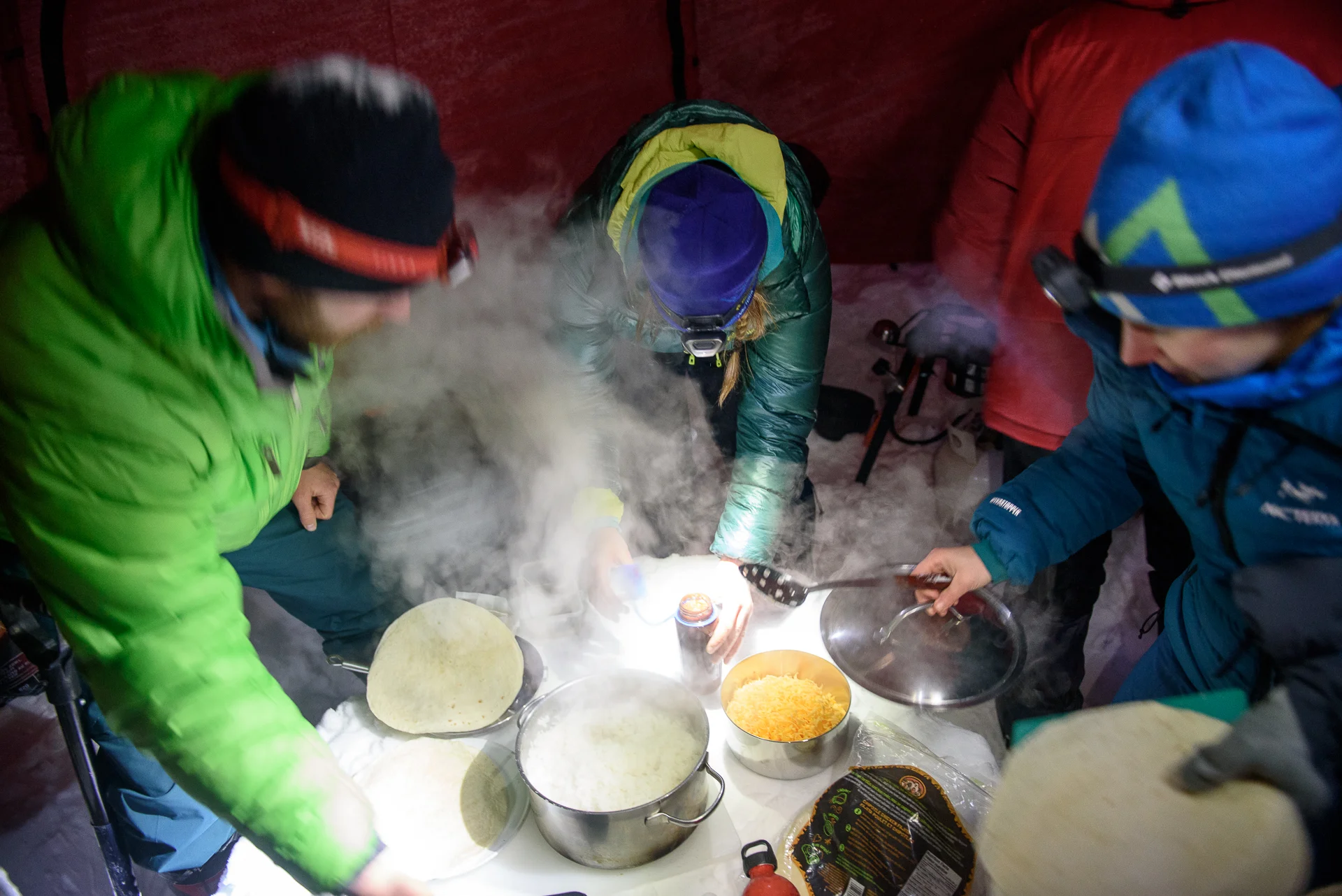 Burrito spread on our snow table. Photo Rich So