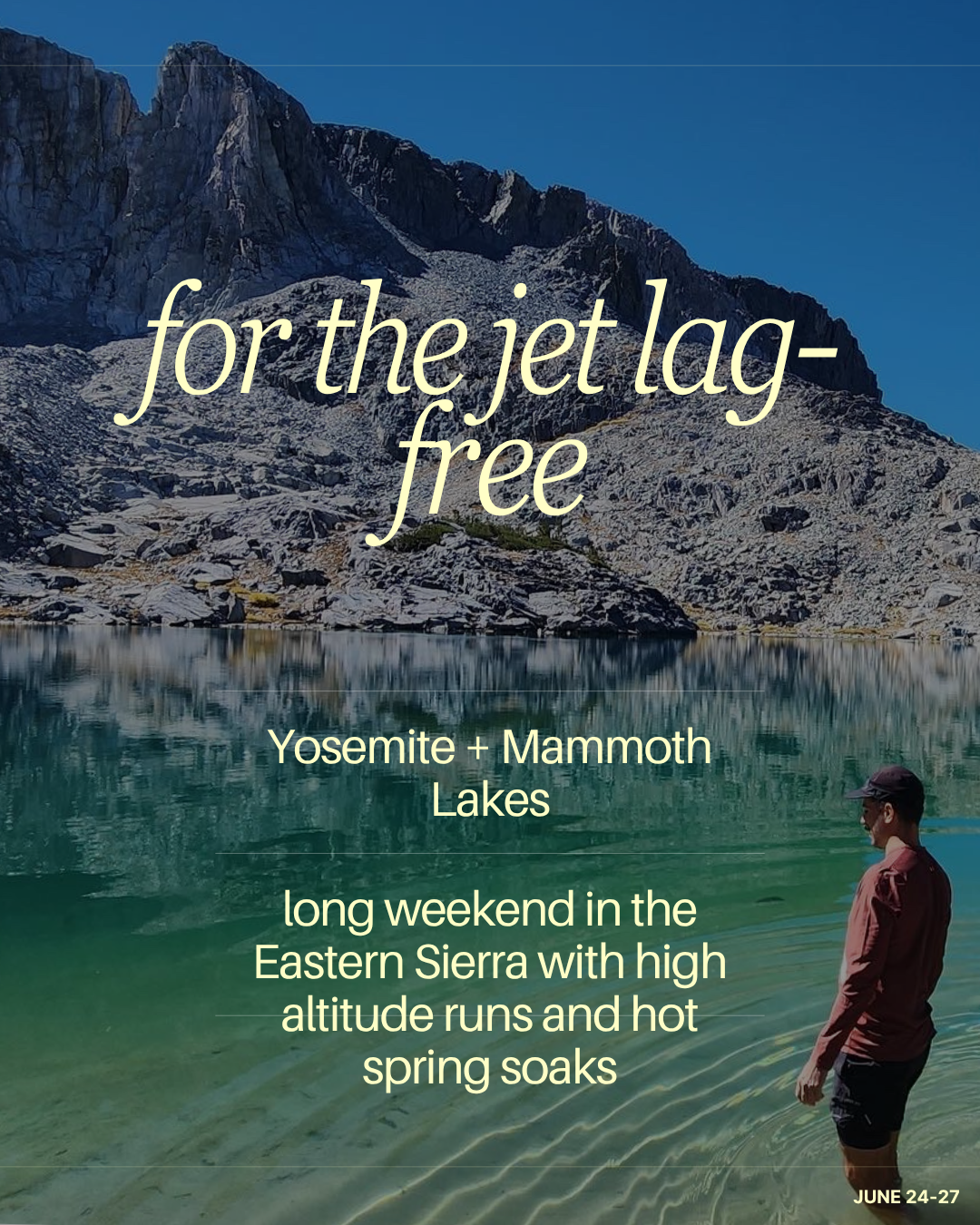 Runner standing at the edge of a turquoise alpine lake surrounded by granite peaks in California's Eastern Sierra on a Yosemite and Mammoth Lakes Runcation trail running vacation
