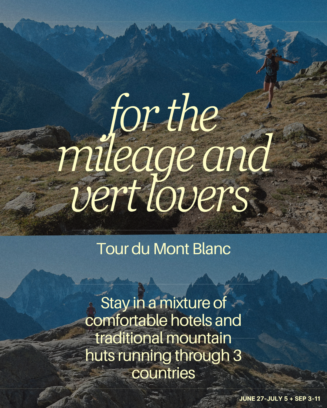 Trail runner on a rocky ridge with the Mont Blanc massif and Chamonix aiguilles in the background on a guided Tour du Mont Blanc running trip