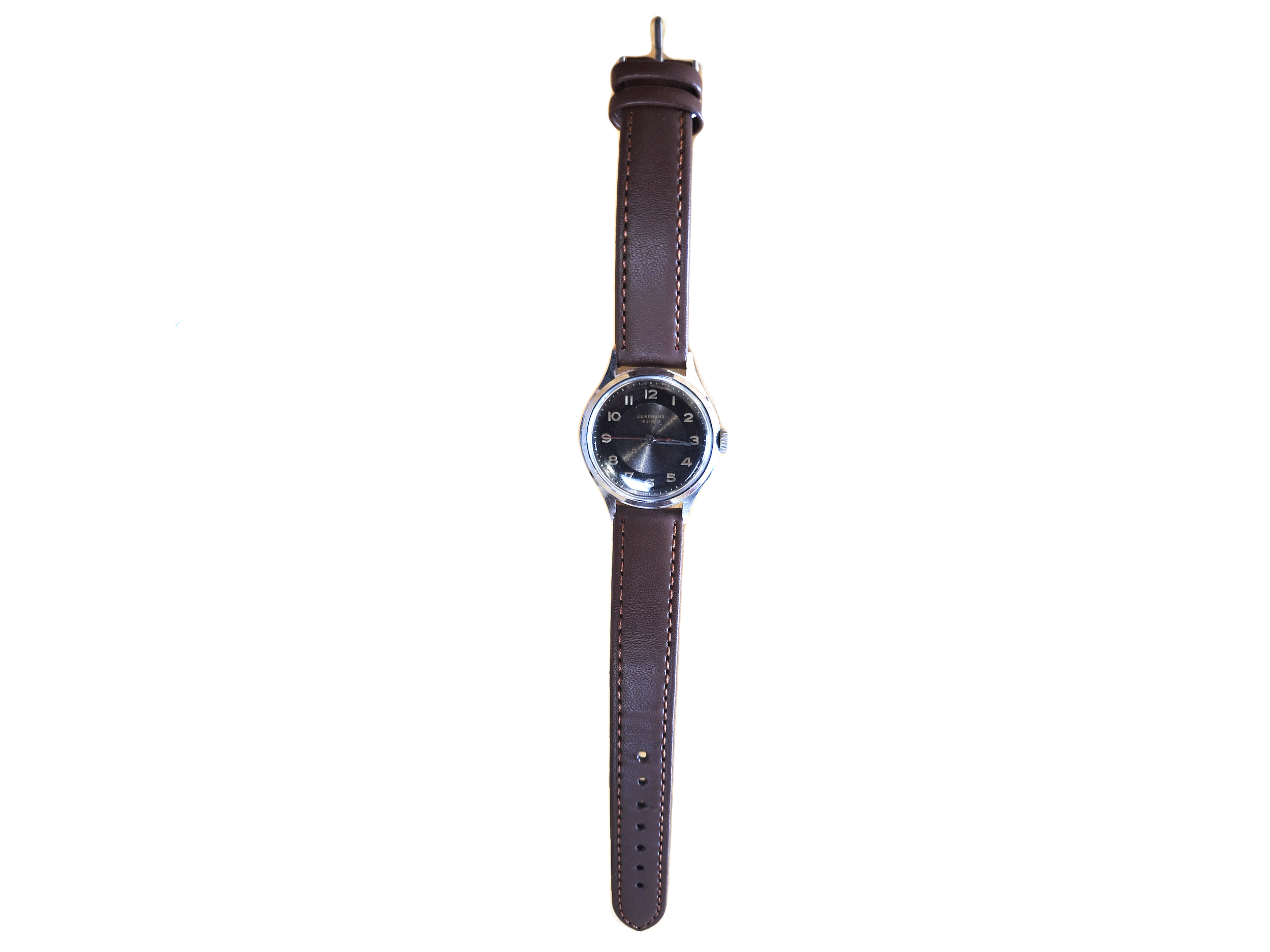 Junghans - 1950s J98 Military Watch with 16 Jewel Movement, red second hand, brown leather band 375 price 280 cost 2.png