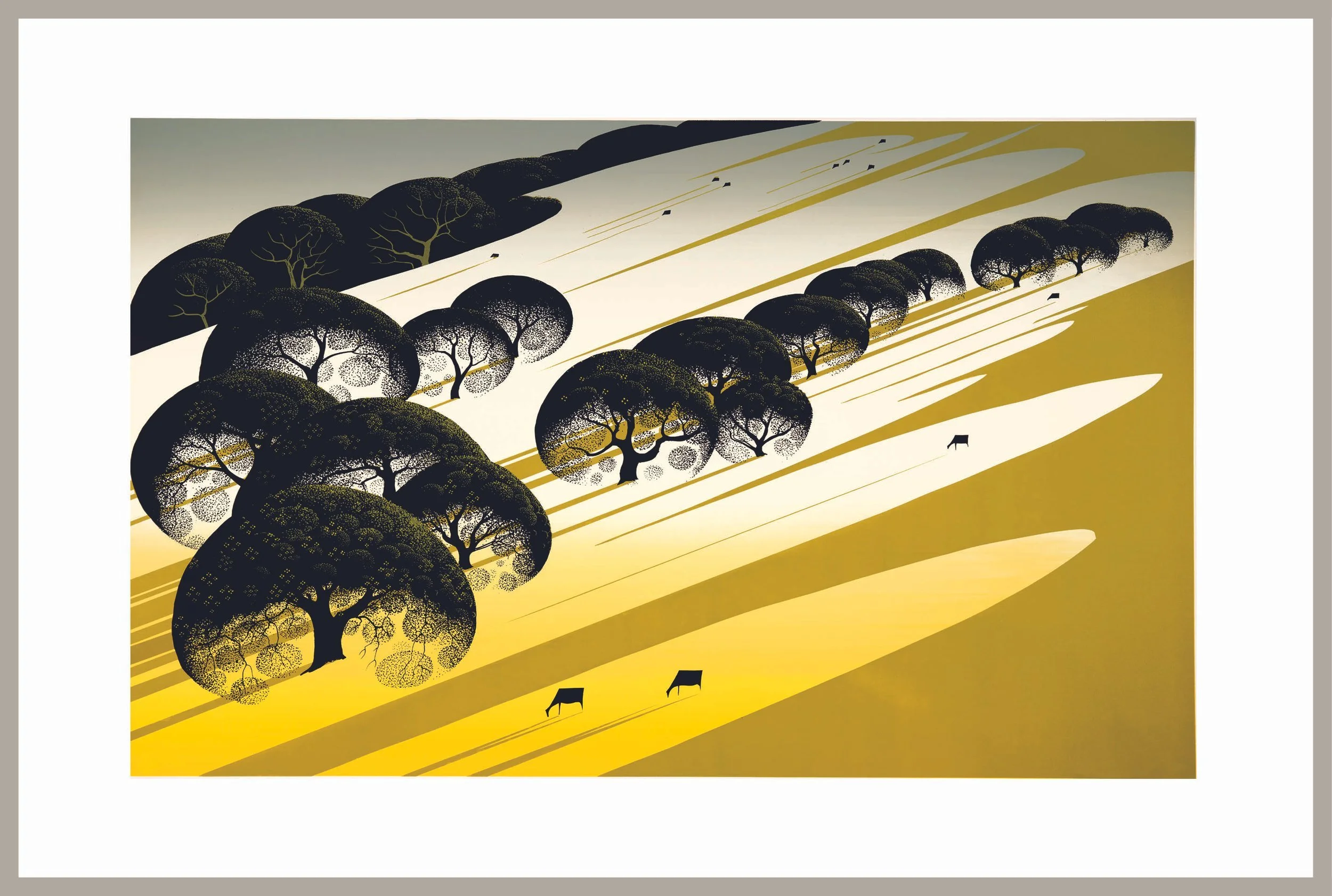 Eyvind Earle's 1984 serigraph Cattle Country displaying a sloped landscape with dark green oak trees, long diagonal swaths of sunlit yellow fields, and small black cattle.