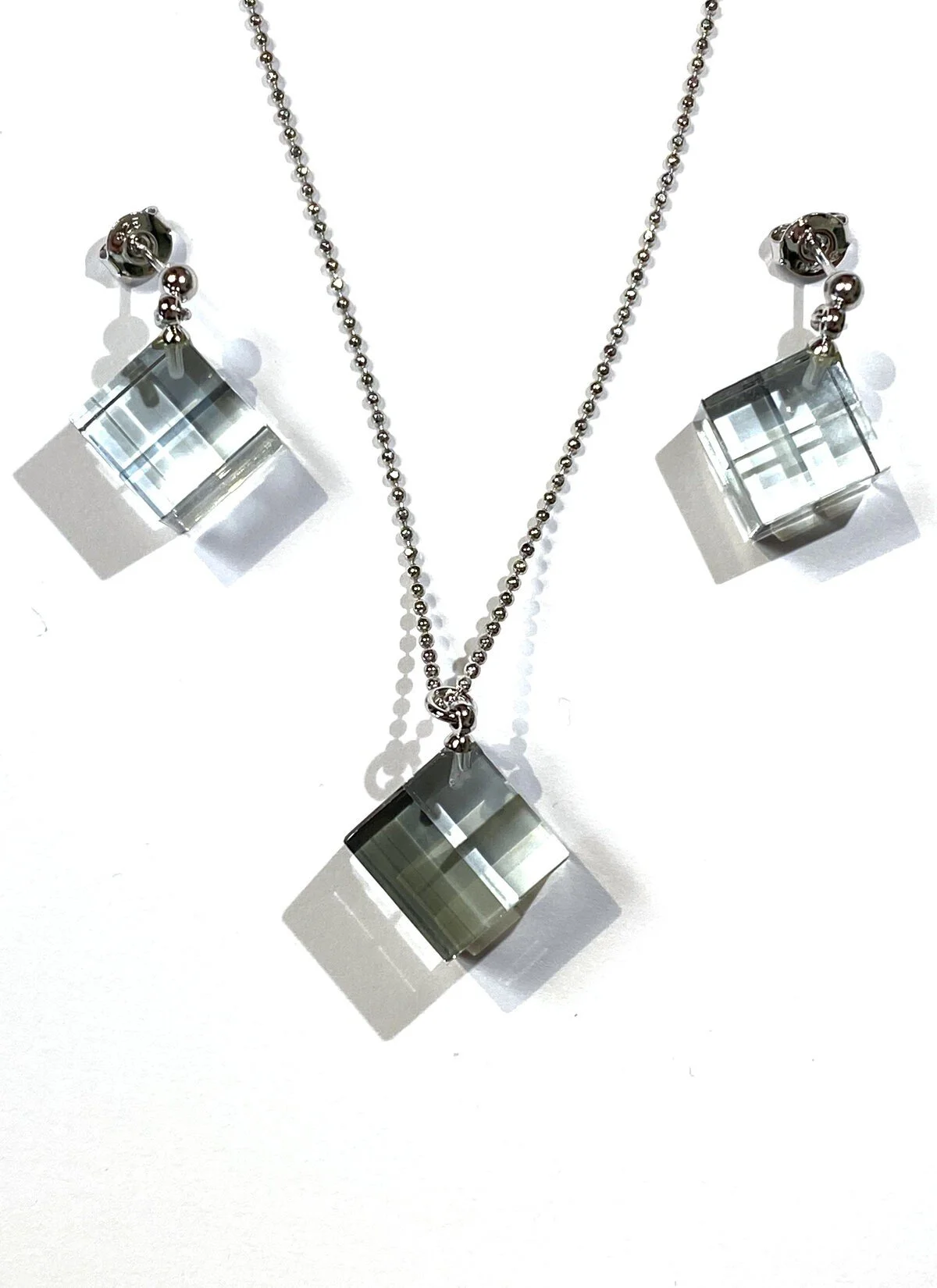 Yukako Kojima    Gray, and Clear Cube Pendant + Earrings Set  Cut,Laminated, Polished Glass  $250.jpeg