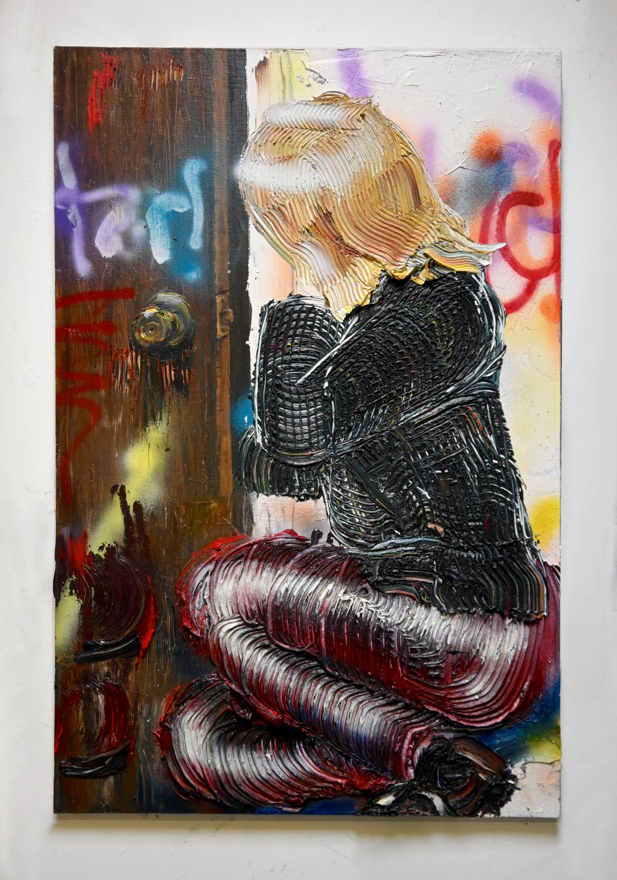 Nancy Kneeling by the Door, Oil and enamel on canvas with cardboard, 2024 ($2600)