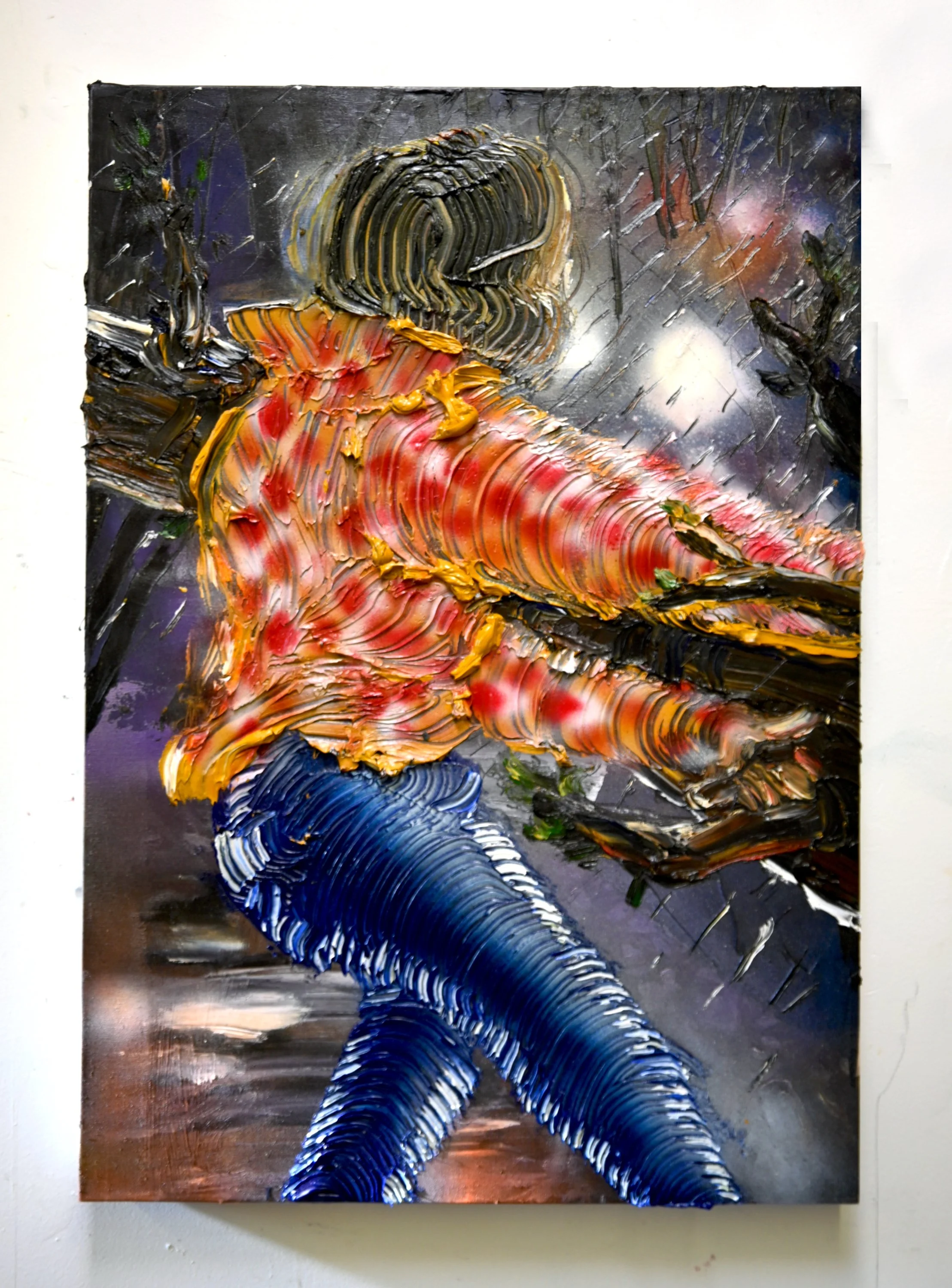 Nancy and the Lashing Rain, Oil and enamel on canvas, 2024,  ($3,360)  