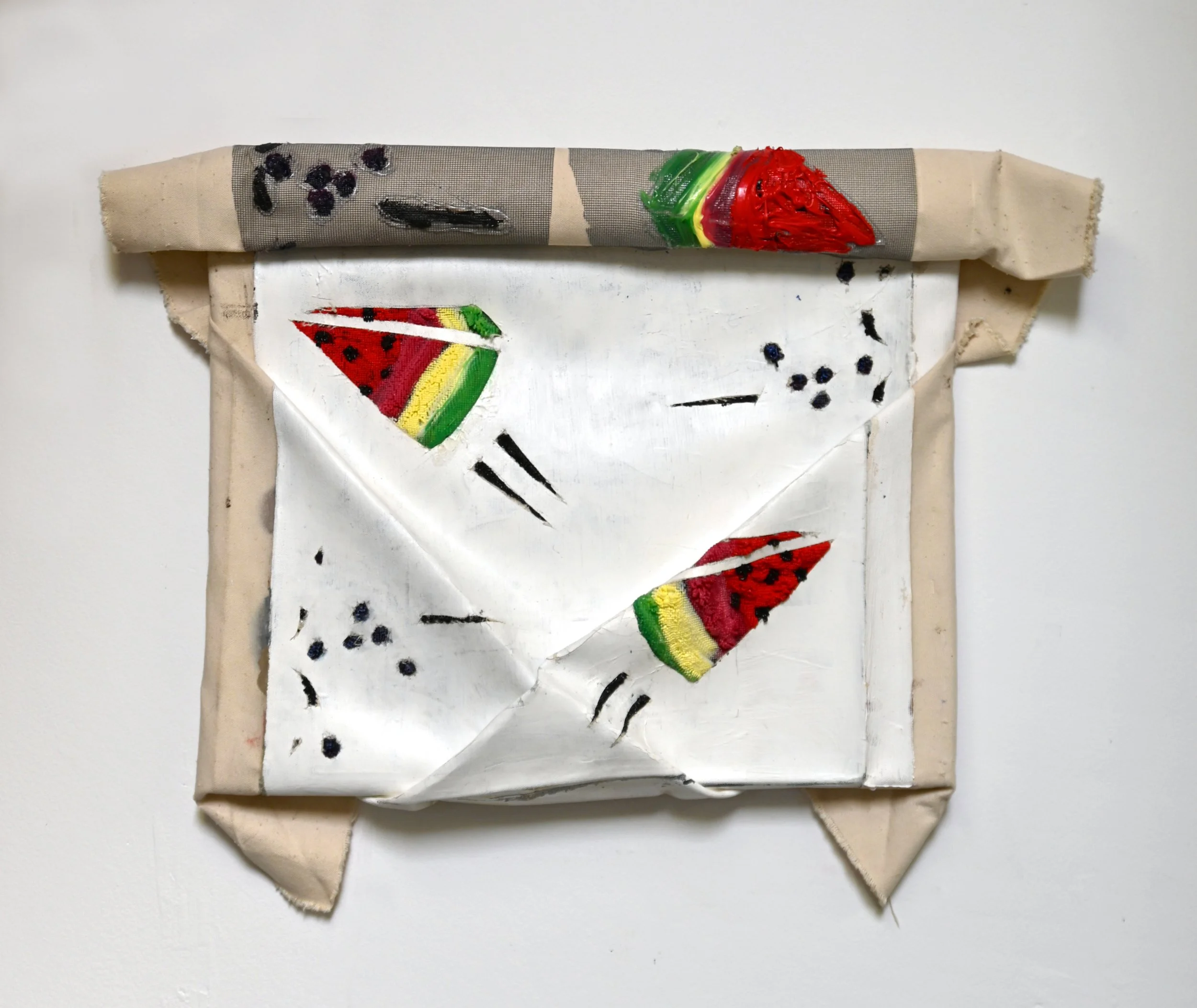 Watermelon Triangle Backpack, Oil and silicone on screen and canvas, 2024 ($1,680) 