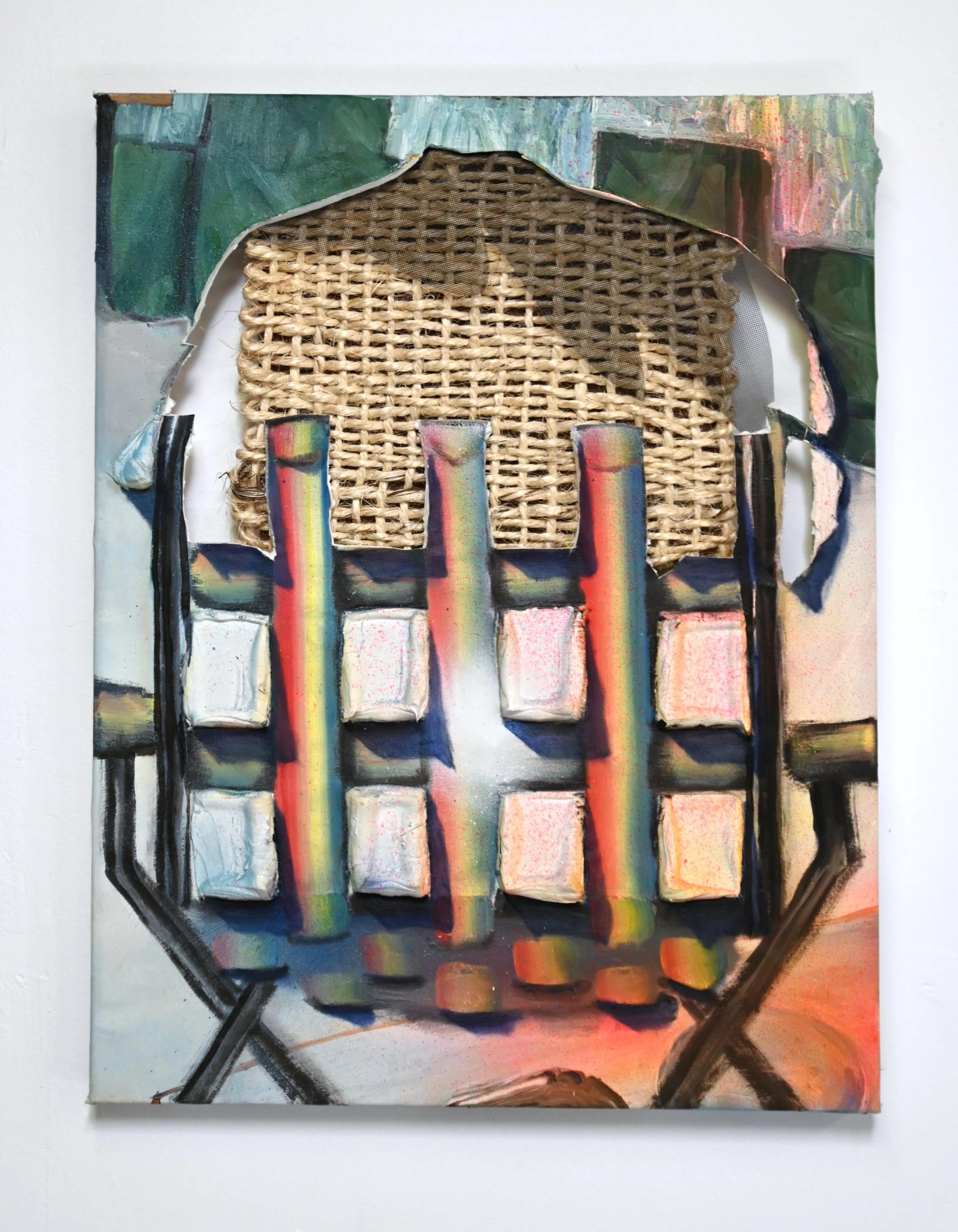 Lawn Chair with Woven Shirt, Oil, acrylic caulking, enamel, screen and rope on canvas and panel, 2023($1,620)