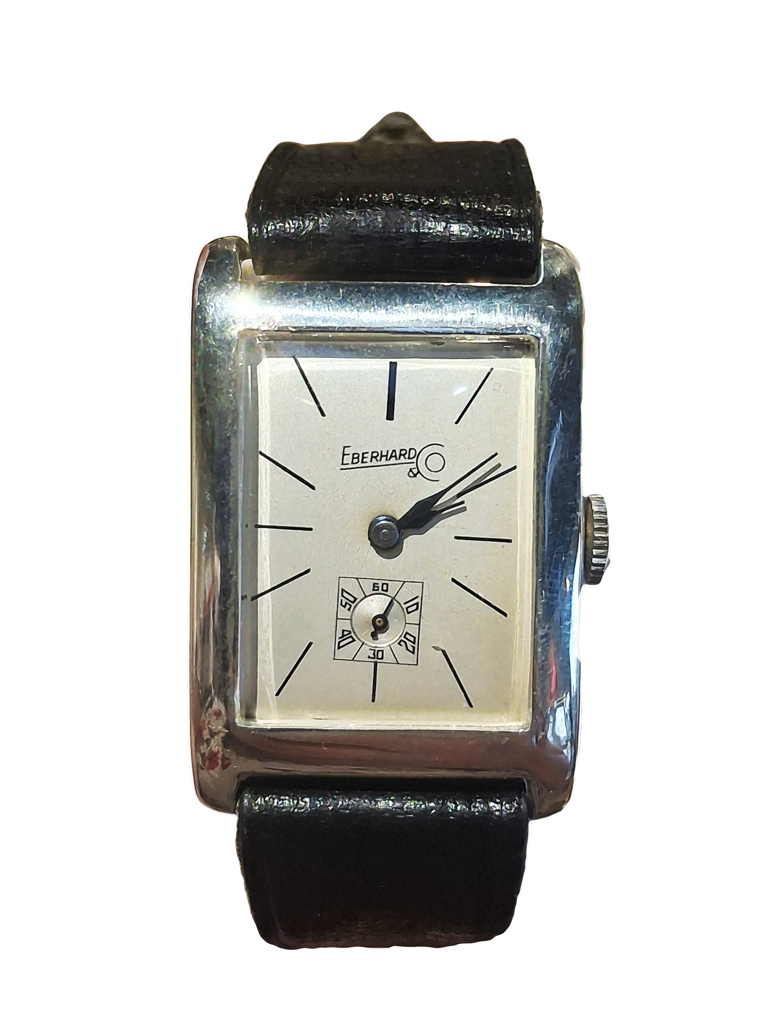 Eberhard Watch TONNEAU WATCH WITH BLUE STEEL HANDS, .925 SILVER CASE, LINEAR HOUR MARKERS, AND A BLACK LEATHER BAND 1000.png