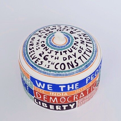 this one is from a very long time ago.
the preamble to my country&rsquo;s constitution is on this jar, the document that captures the ideas and ideals of India. as urgent and relevant 70 years ago as they are now. the pot is tacky and in full colour,