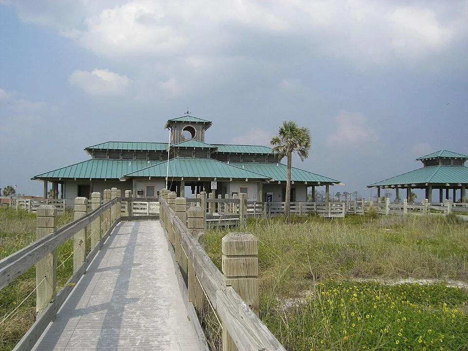 Beach boardwalk and pavilion on Okaloosa Island, FL in Okaloosa County