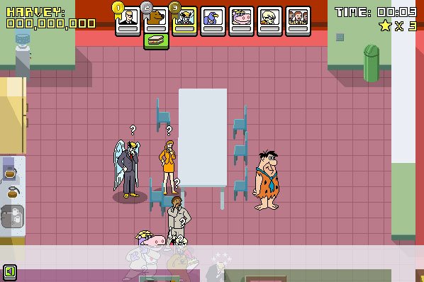 Cartoon characters from Adult Swim game Harvey Birdman 'Stop That Sandwich!' game with colorful background and a 'Start' button.