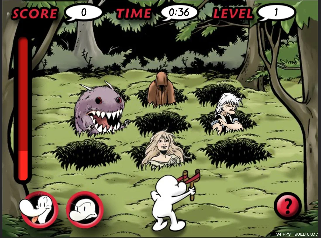 Cartoon forest scene with three white characters from Jeff Smith's Bone comic, one with tongue out, one indicating a high score, and one with a finger raised. Overlaid with a message 'GREAT JOB! YOU SCORED 0 POINTS!' 