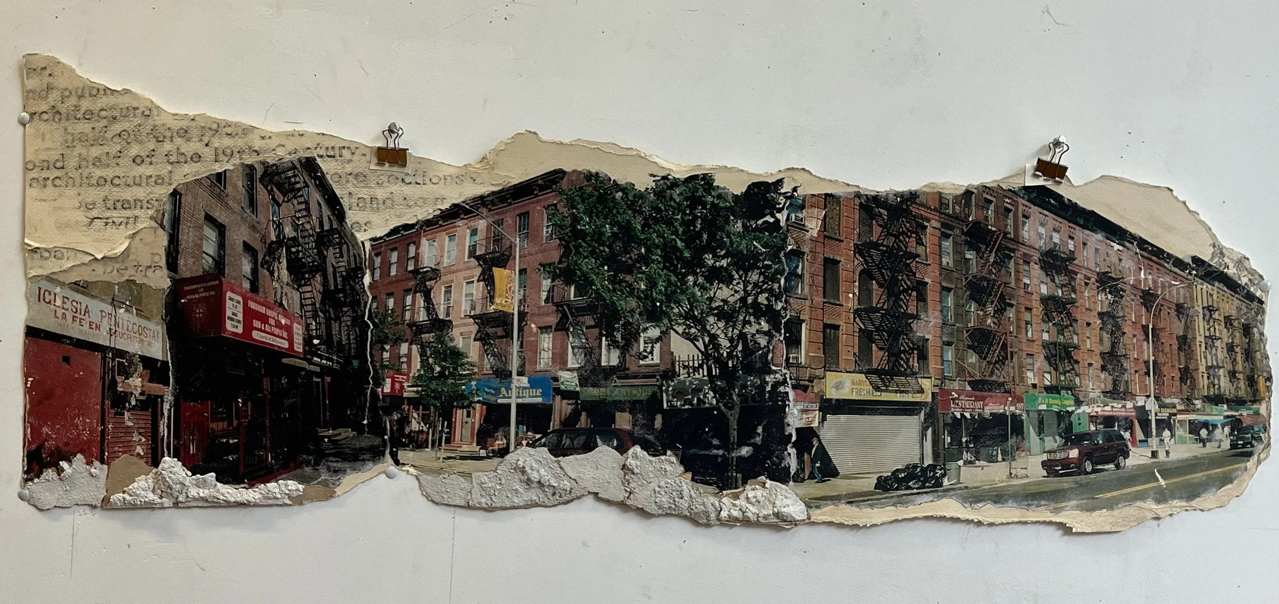   South Bronx Sagas, Mott Haven II , 2006 - 2026, 15.5 in. x 42.5 in., Collage, rubbing from historic plaque, photo transfer, mixed media 