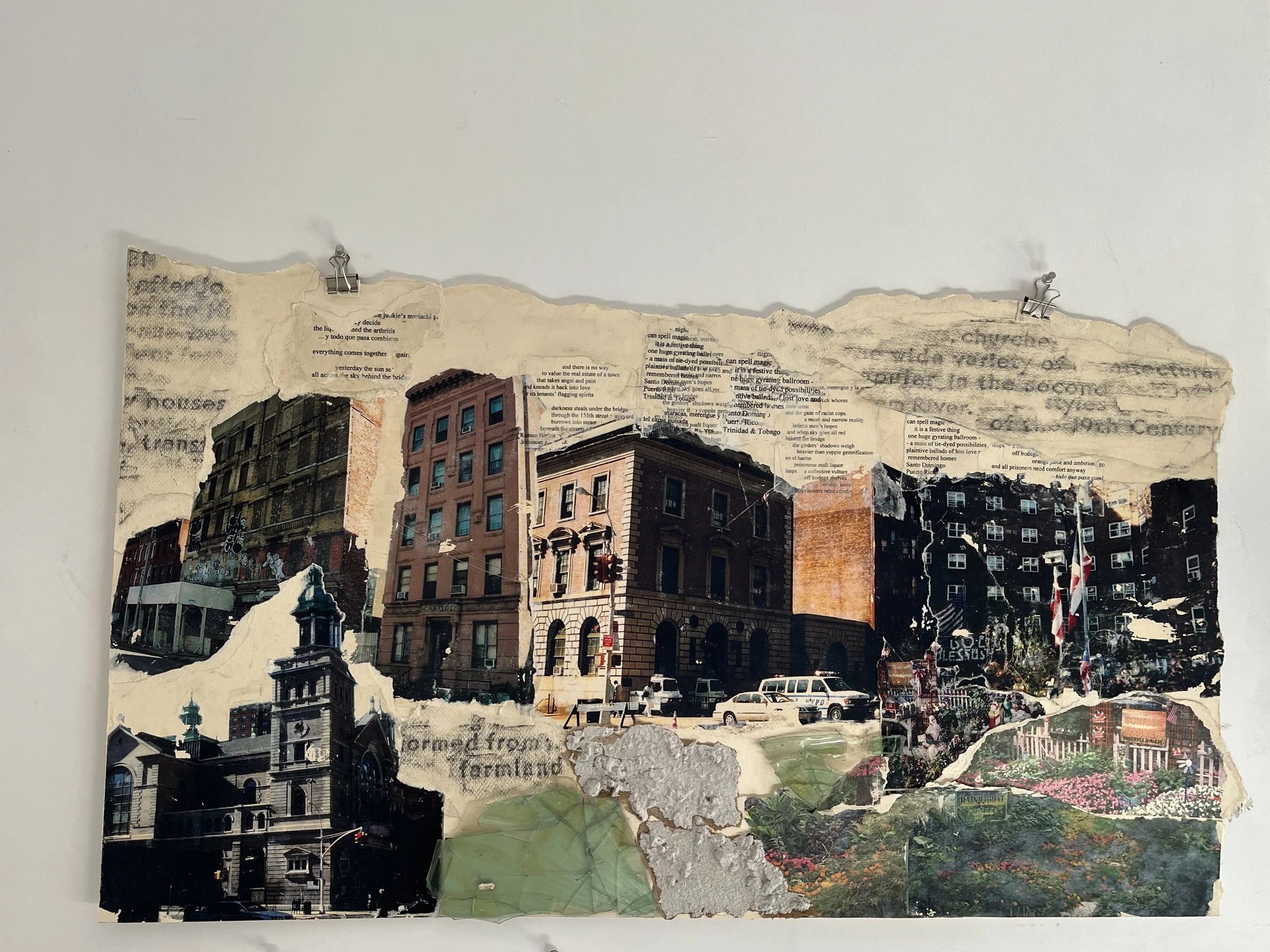   South Bronx Sagas: 3rd Avenue &amp; Alexander, &nbsp;2006 - 2026, Laser transfers, collaged dry wall, construction elements, graphite, ink, Text from Mott Haven historic plaque, poetry from Roger Bonair Agaard 