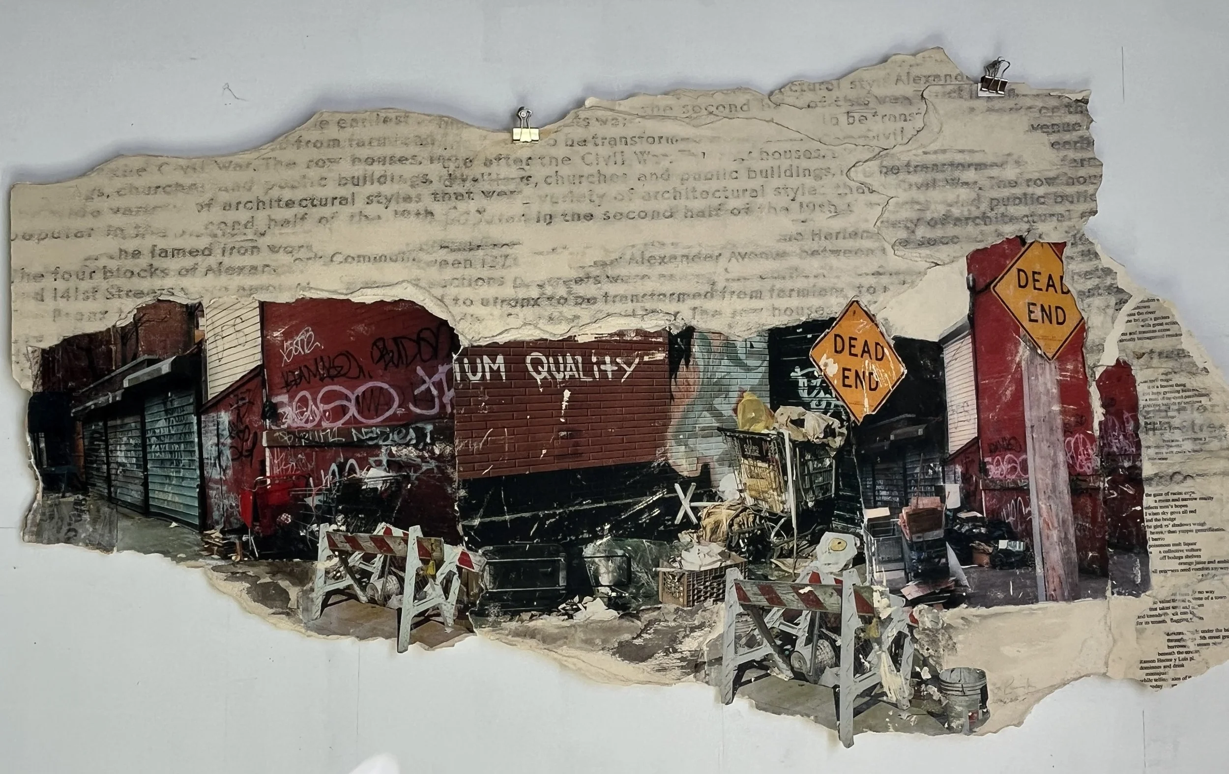   South Bronx Sagas, Dead End East 140th Street , 2007, Collage, rubbing from Mott Haven historic plaque, poetry by Roger Bonair-Agard, photo transfer, mixed media, 20 in. x 48 in. 