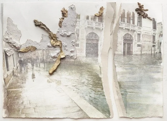    The Treasure    (Venice under water series) , 2017, 17.5 in. x 25 in., collage, bronze, photo transfer, in private collection. 