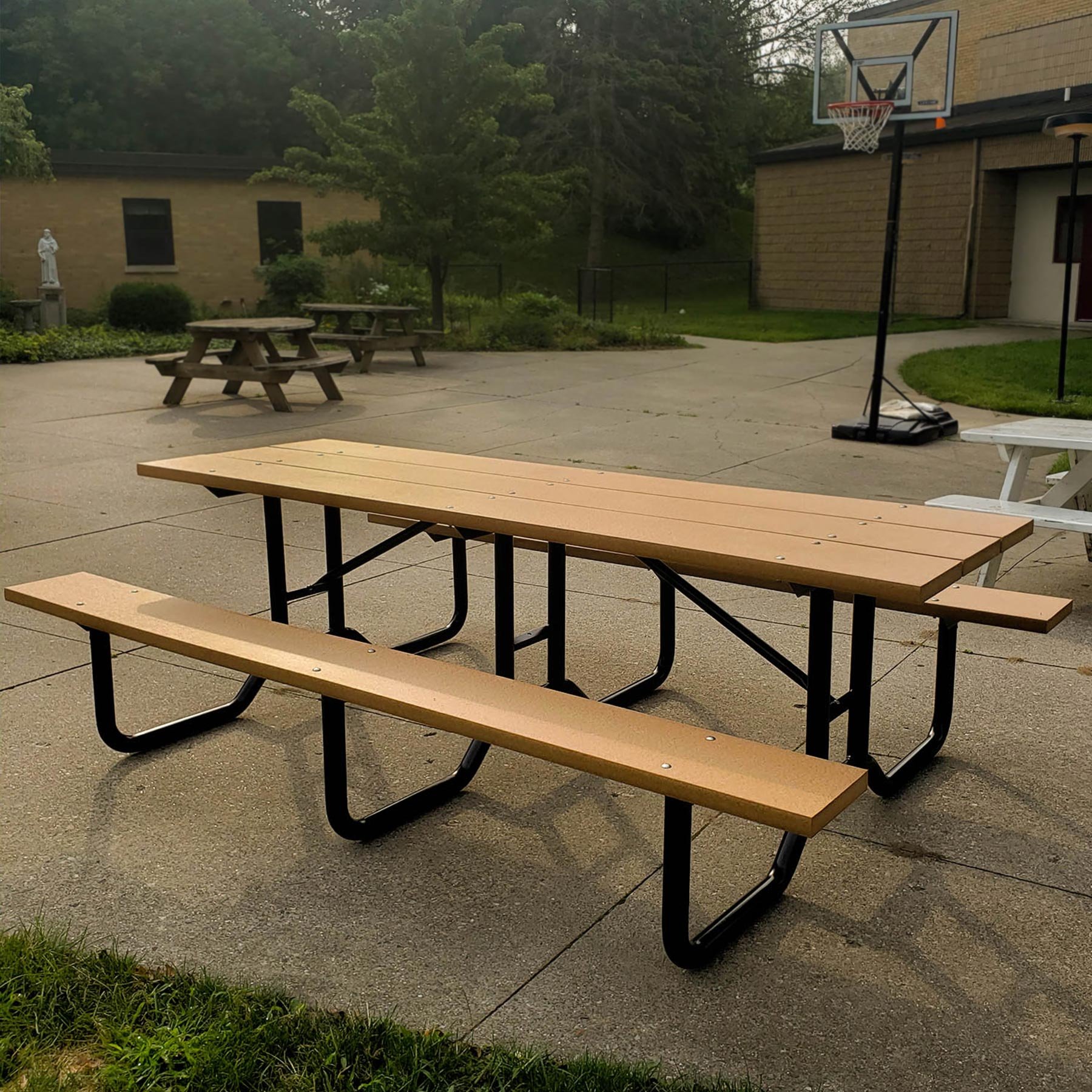 8ft Steel Frame Picnic Table with cedar recycled plastic lumber and black powder-coated steel frame, installed in a Michigan park