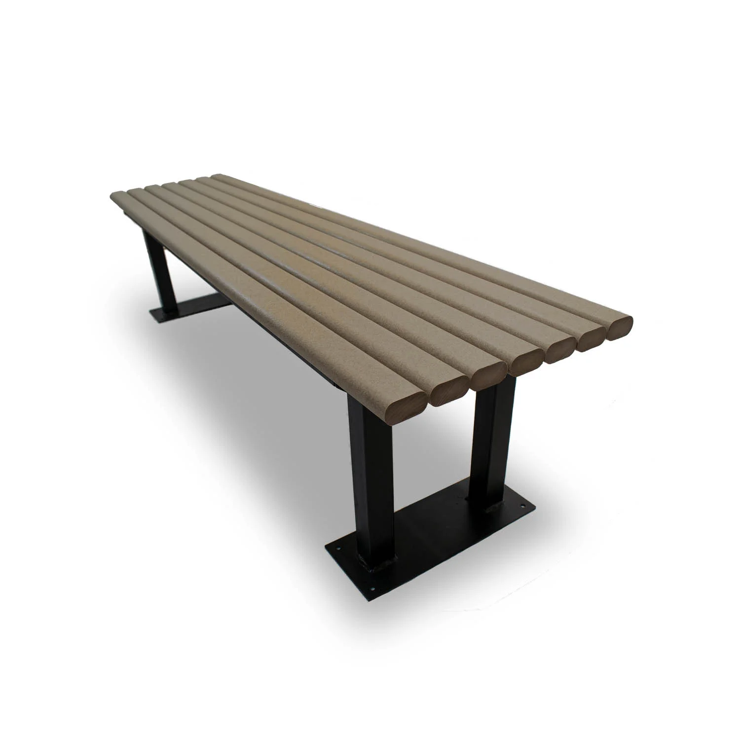 Double Liberty Bench surface mount — 6-foot backless recycled plastic lumber slats with powder-coated steel frame, weathered wood finish — commercial park installation