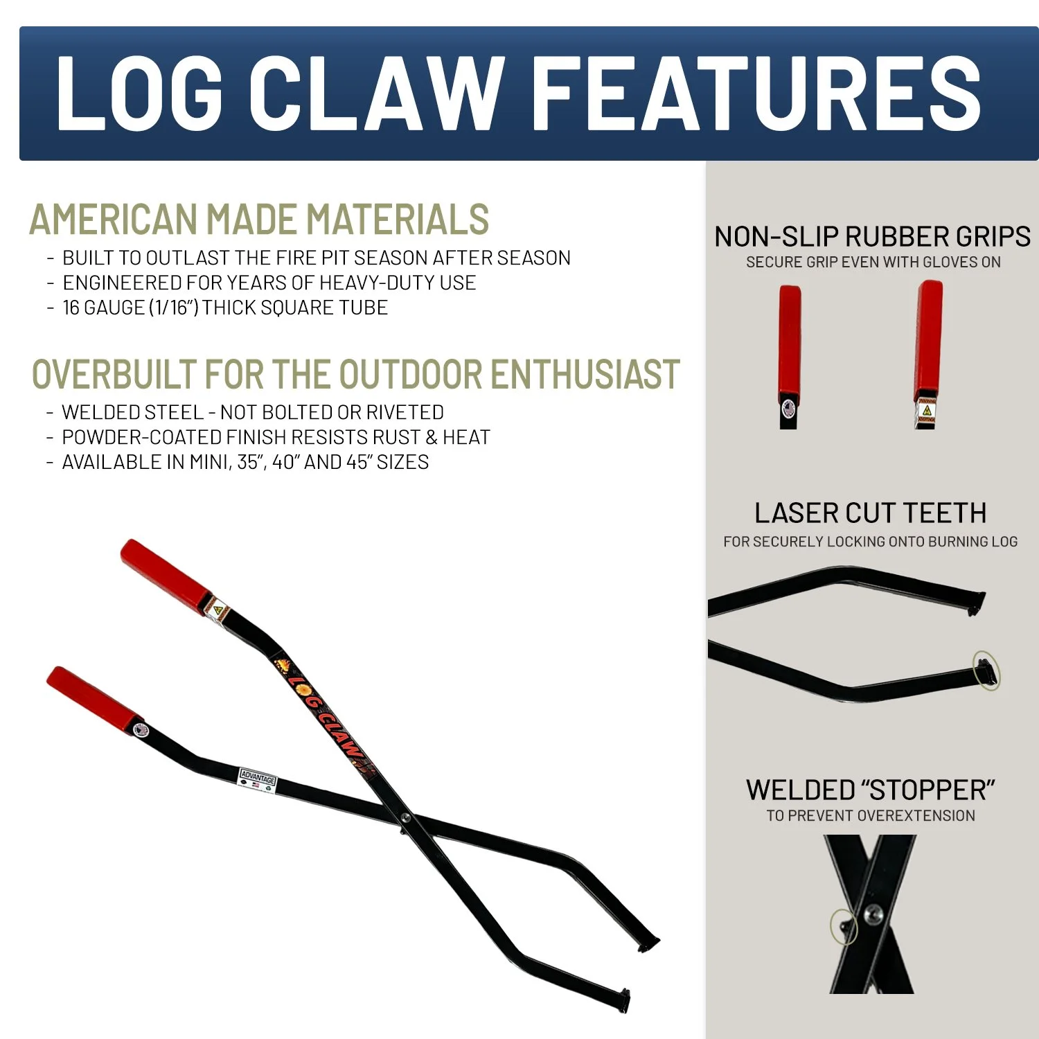 35-Inch Firewood Log Claw Features – American Steel, Non-Slip Rubber Grips, Laser-Cut Teeth, Welded Construction