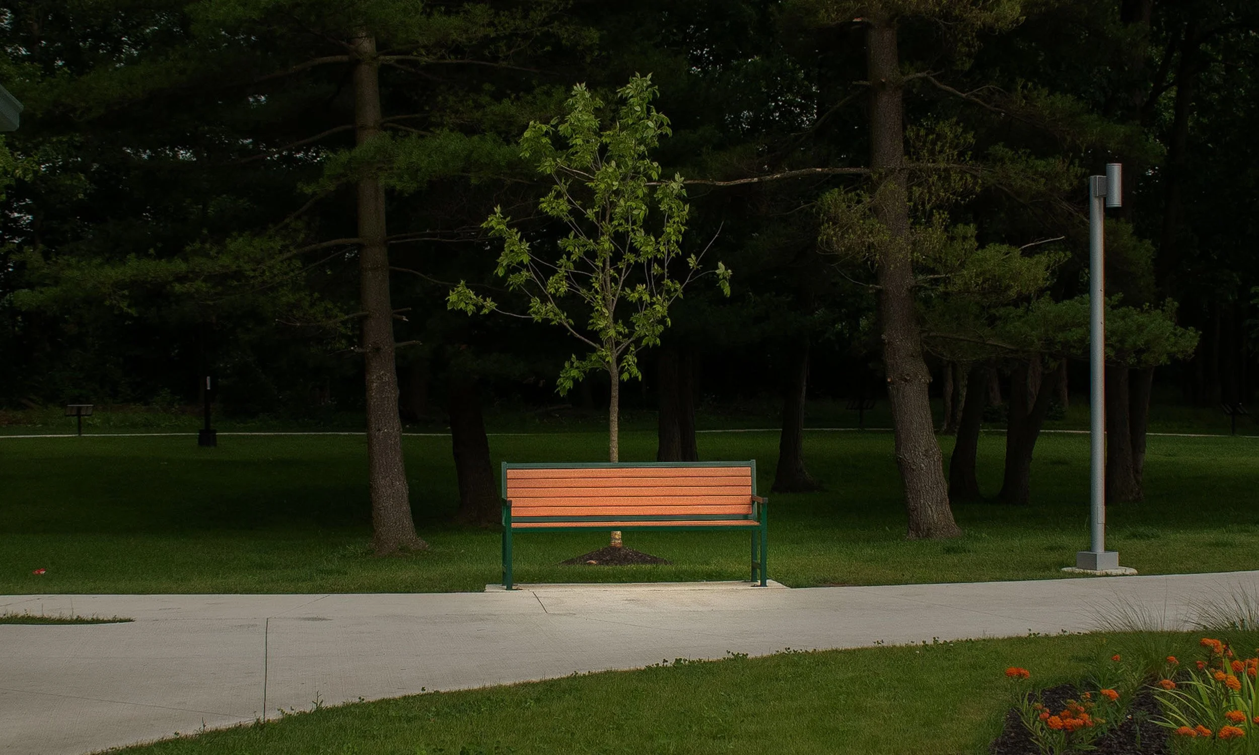 Commercial park bench with recycled plastic lumber slats and powder-coated steel frame