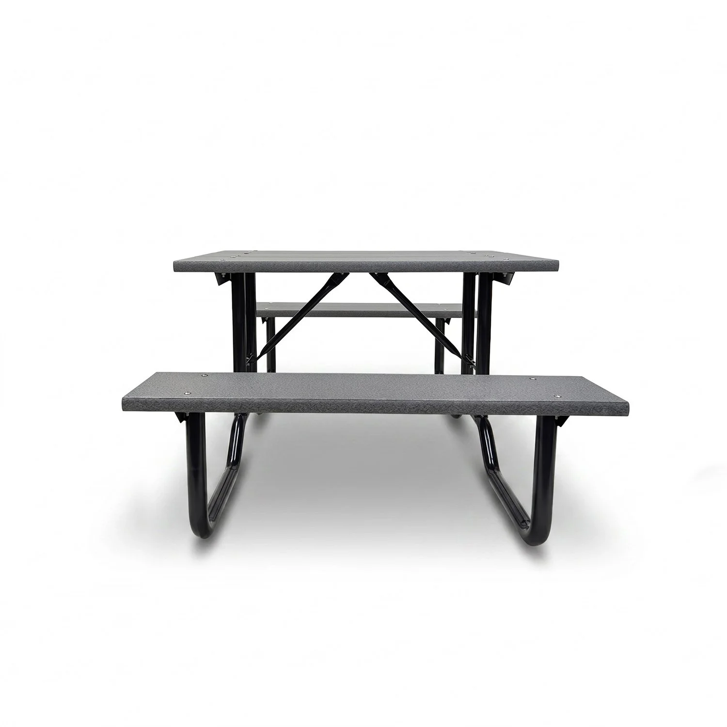 4ft steel frame picnic table with Dark Grey recycled plastic lumber top and bench seats, black powder-coated steel frame, front view — manufactured by Advantage Outdoor Products