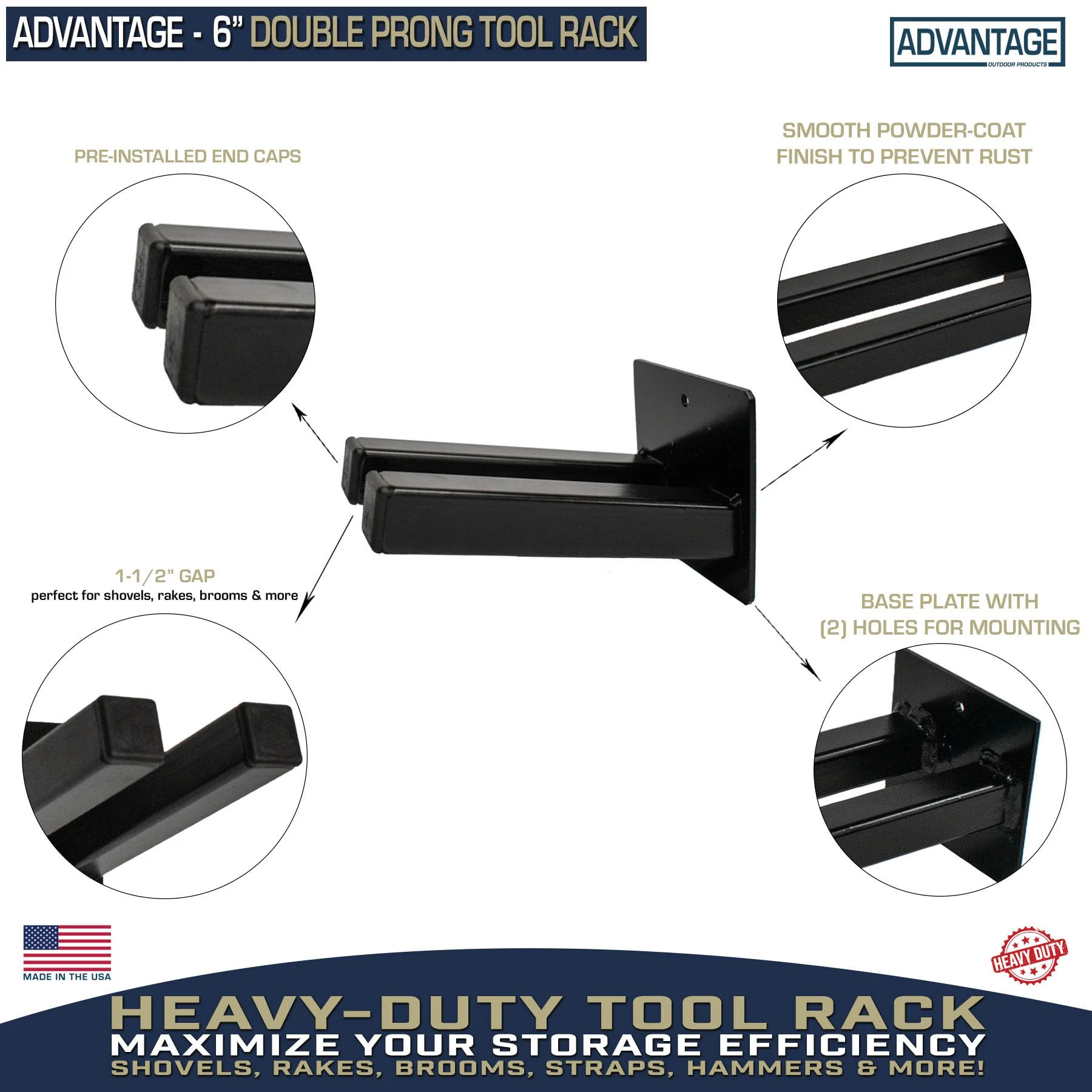 Double prong tool rack mounting hardware made in USA steel brackets
