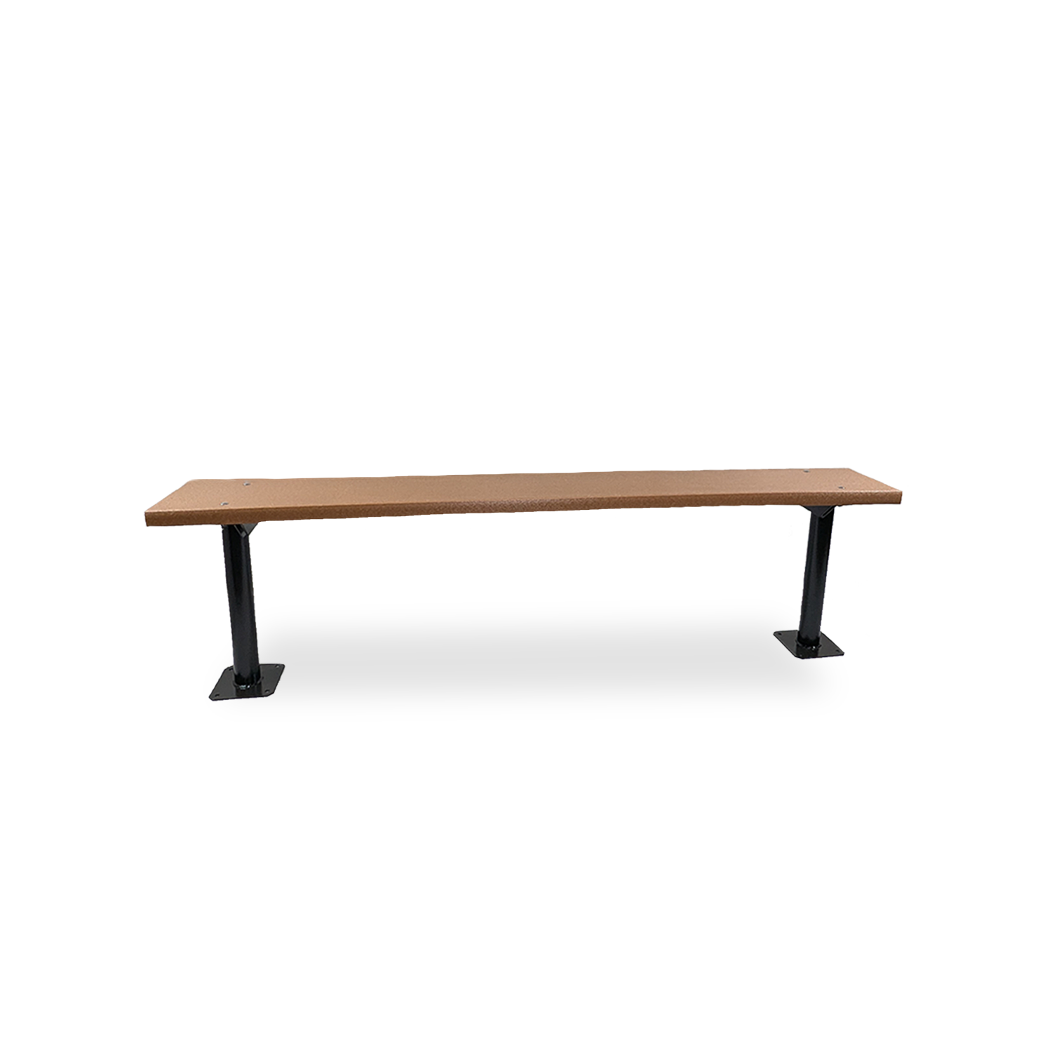 6ft HD Backless Park Bench, Cedar recycled plastic lumber, single-board seat on black powder-coated 2-3/8" Schedule 40 steel pipe frame with surface-mount base plates.