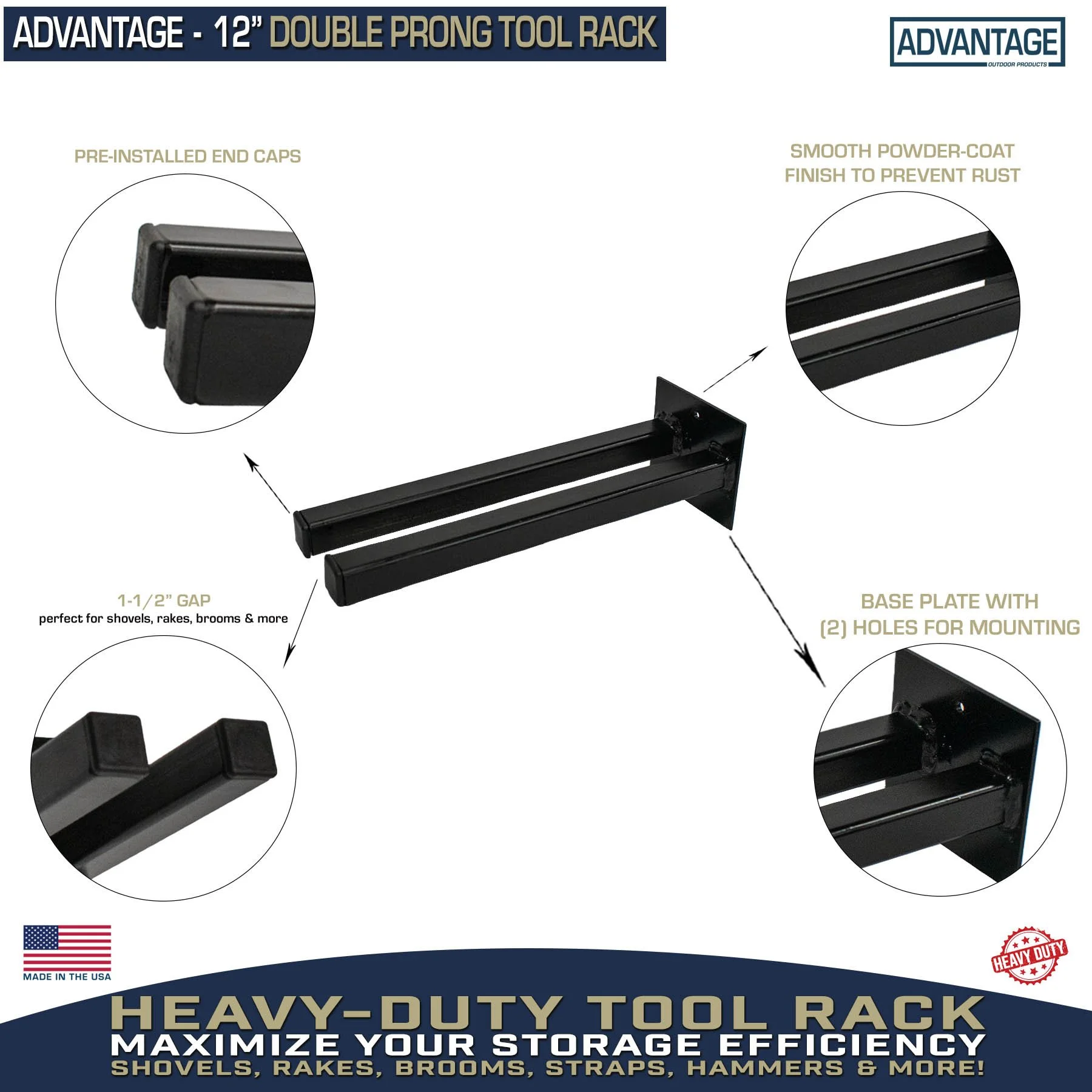 Double prong tool rack mounting hardware made in USA steel brackets