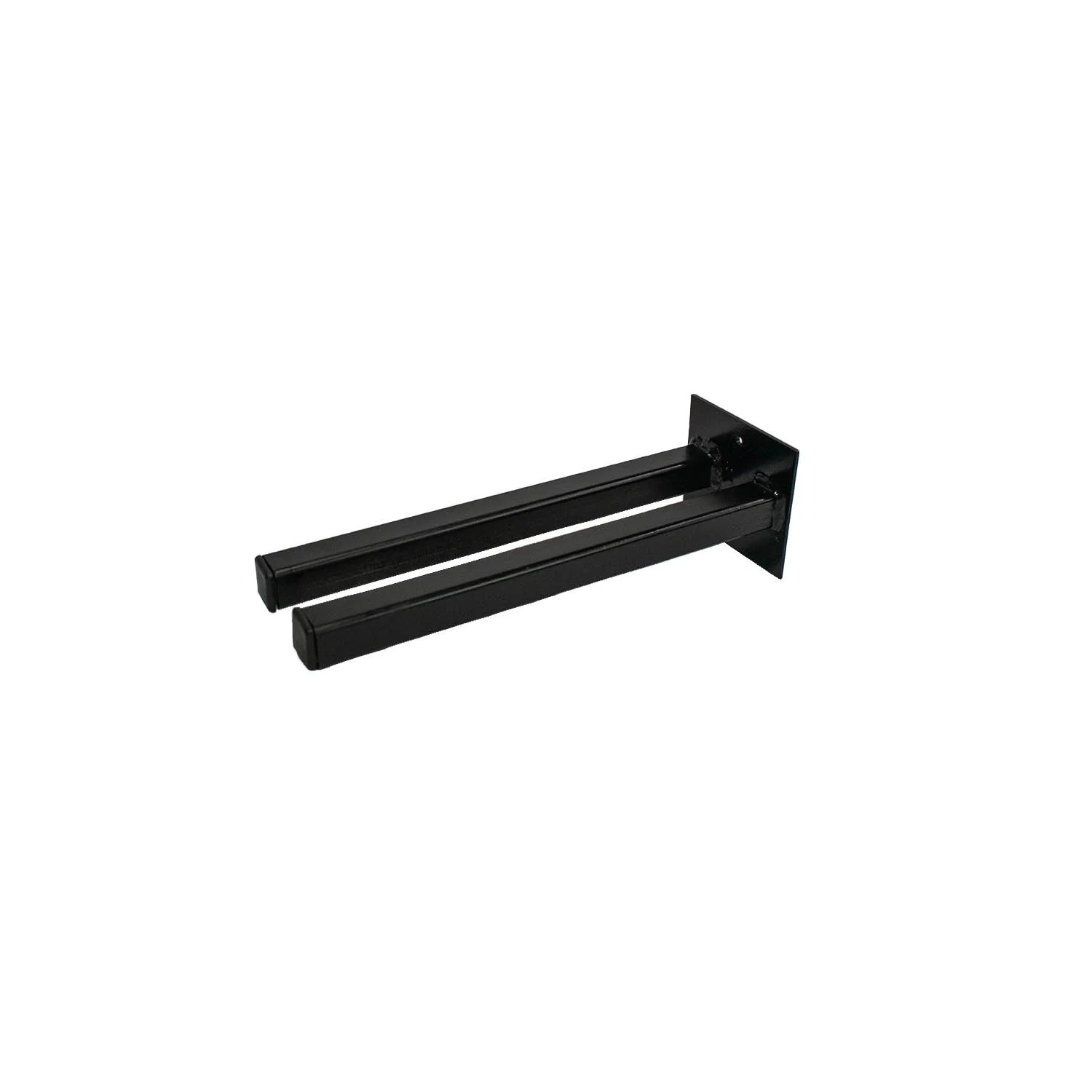 Black wall mount utility rack with two parallel prongs and a mounting plate.