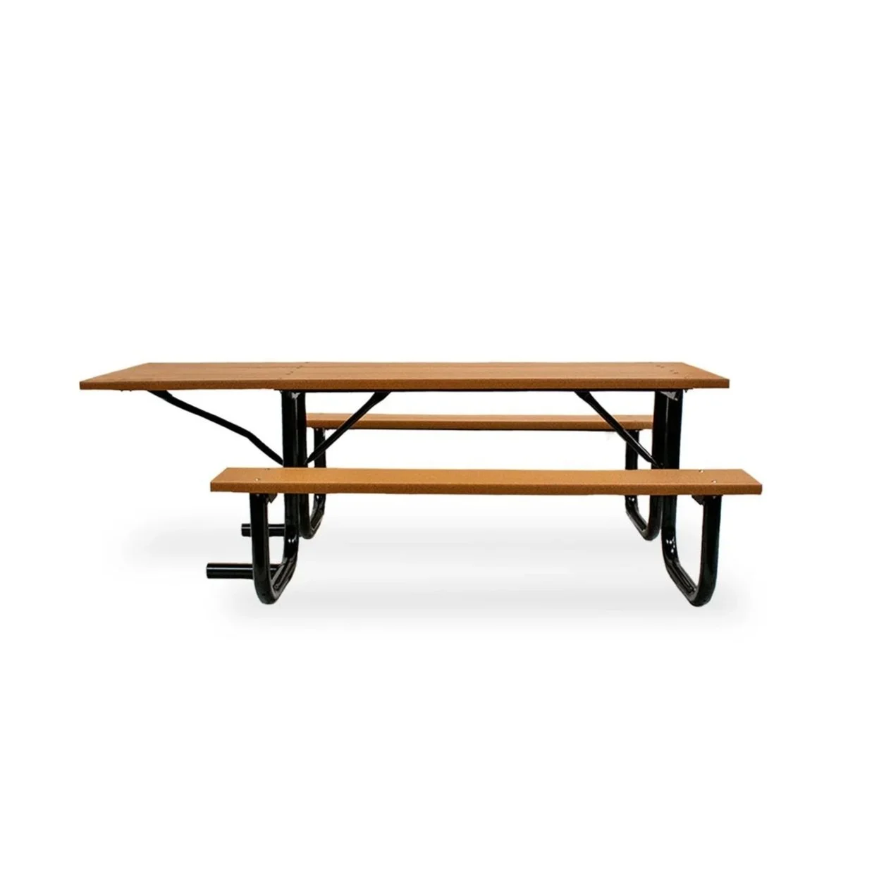 ADA picnic table with black metal legs isolated on white background and recycled plastic lumber.