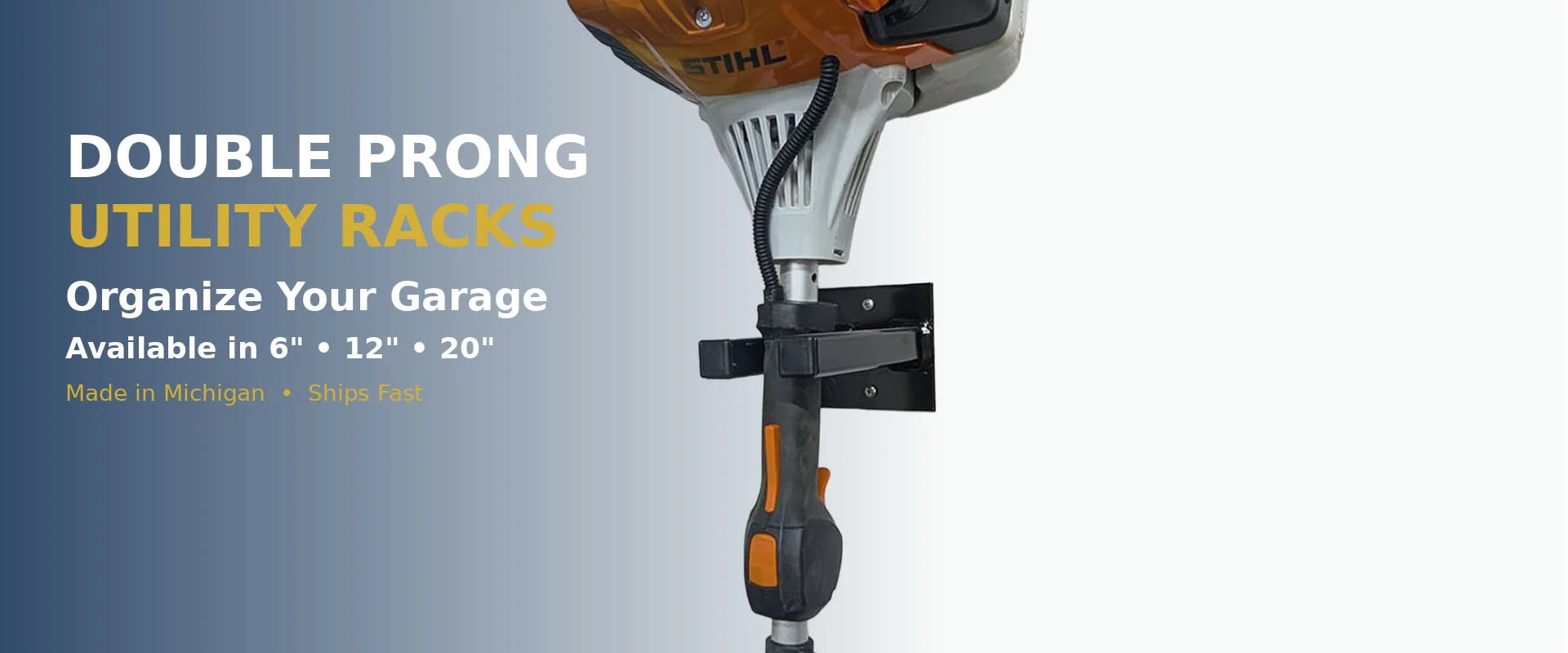 Complete Heavy Duty Wall Mount Tool Rack Set, Double Prong, black powder-coated steel, available in 6", 12", and 20" sizes, Made in Michigan.