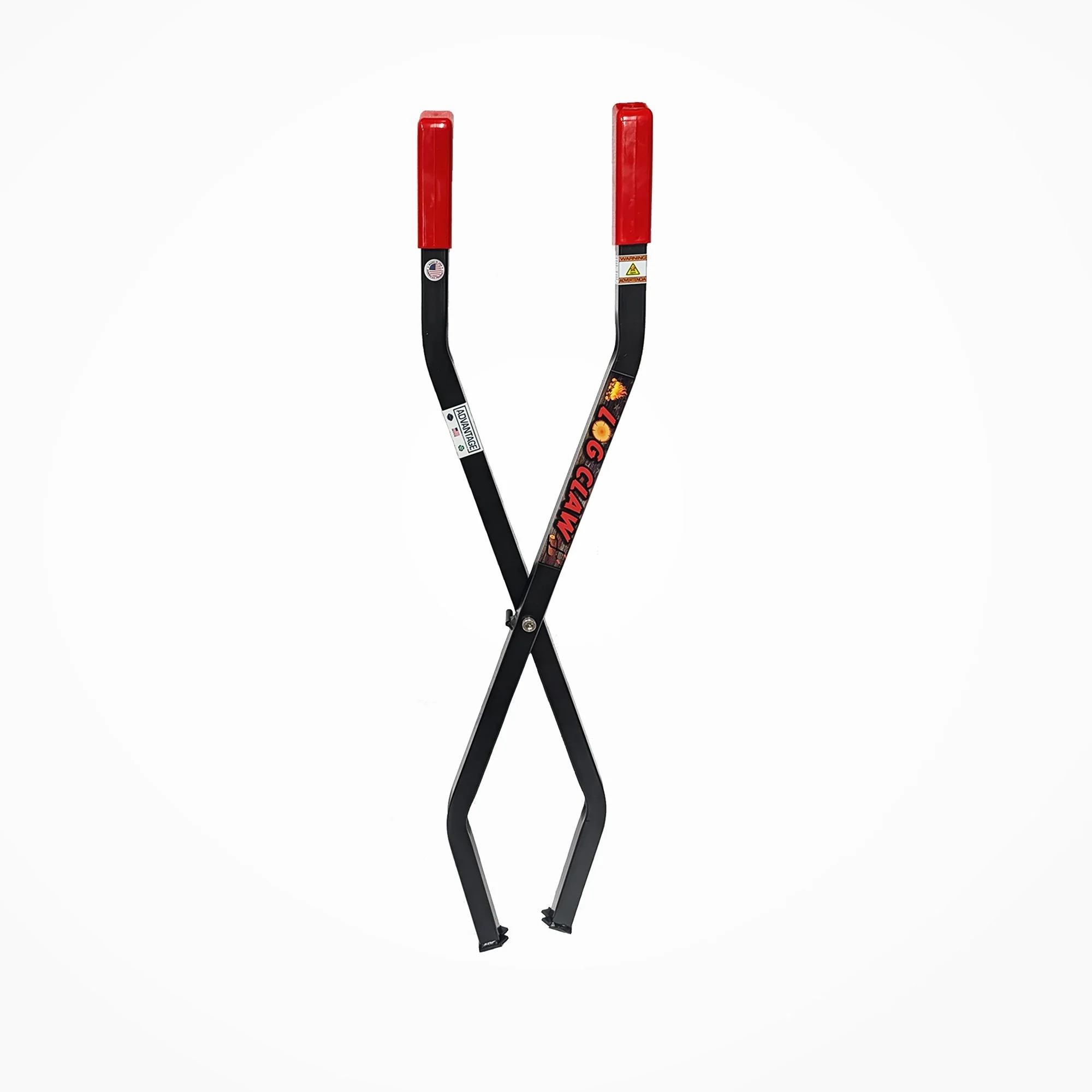 35 inch Firewood Log Claw in Satin Black with red grip handles — heavy-duty steel fire pit tongs made in Michigan