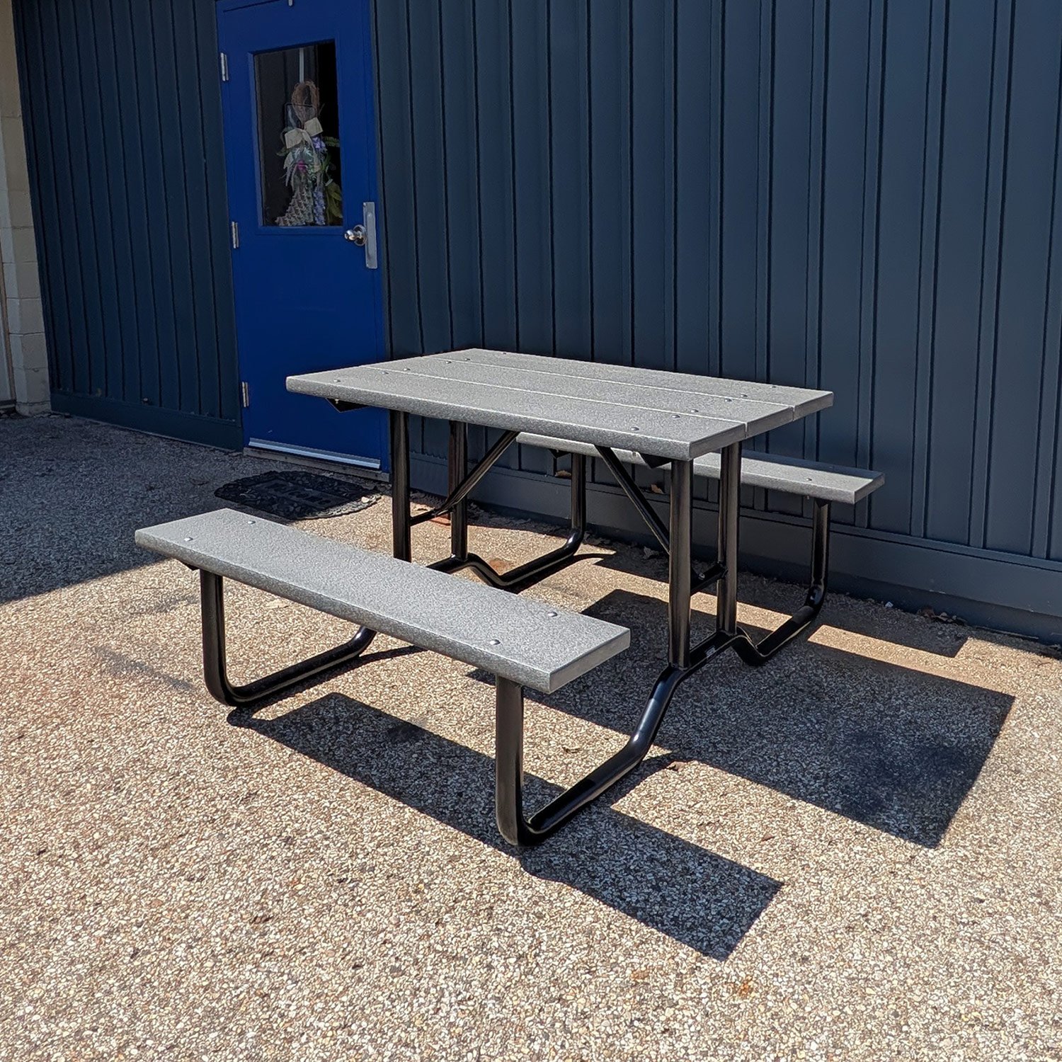 4ft steel frame picnic table with Dark Grey recycled plastic lumber displayed outdoors — compact commercial grade