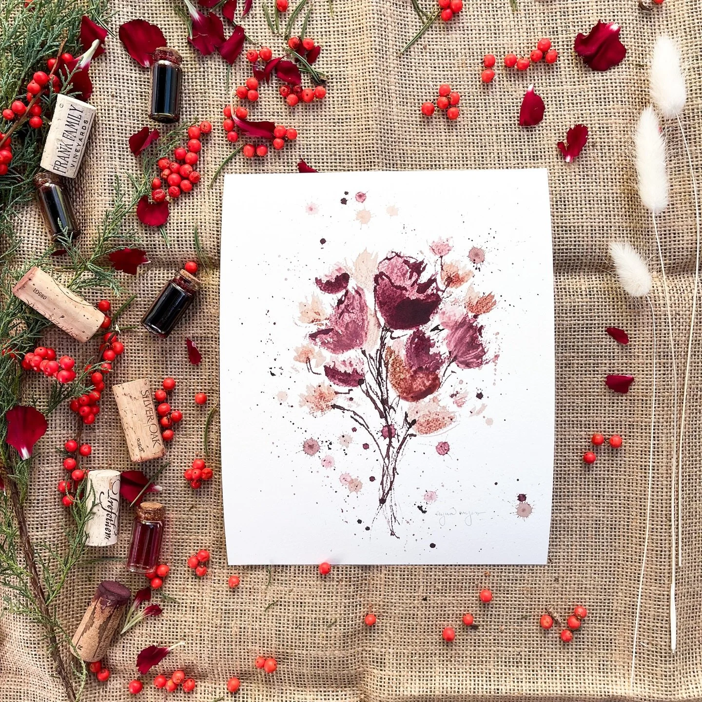 Zesty &amp; Zippy &mdash; forever a fan favorite since 2020 🥰

Painted with ros&eacute;, Merlot, Sangiovese and Zinfandel and corks as my paintbrush. Available as a print on my website.