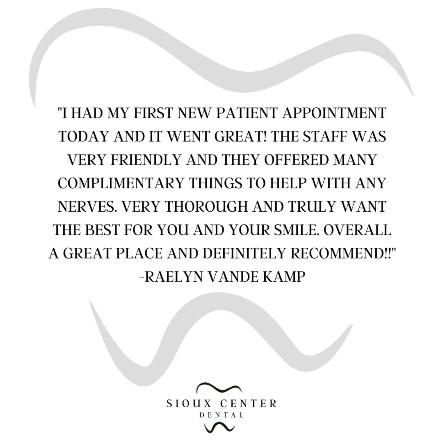 ⭐⭐⭐⭐⭐
Happy Thursday! This is what people are saying about us! Come experience the Sioux Center Dental difference! 🤗
.
.
.
#siouxcenterdental 
#faithfamilyservice 
#generaldentist 
#5stars 
#review
