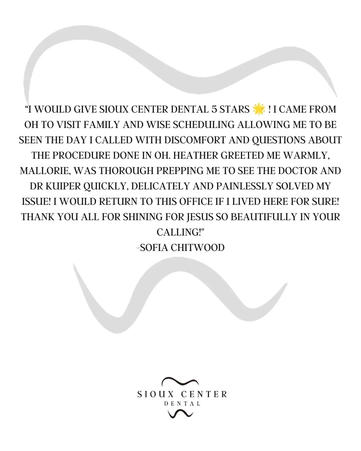 ⭐⭐⭐⭐⭐

Happy Monday! This is what people are saying about us! Come experience the Sioux Center Dental difference! 🤗
.
.
.
#siouxcenterdental 
#faithfamilyservice 
#generaldentist 
#5stars 
#review