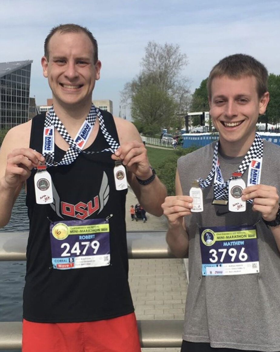 Matt and I again with our medals after the 2018 Indy Mini - we got the bonus 500 club medals that year
