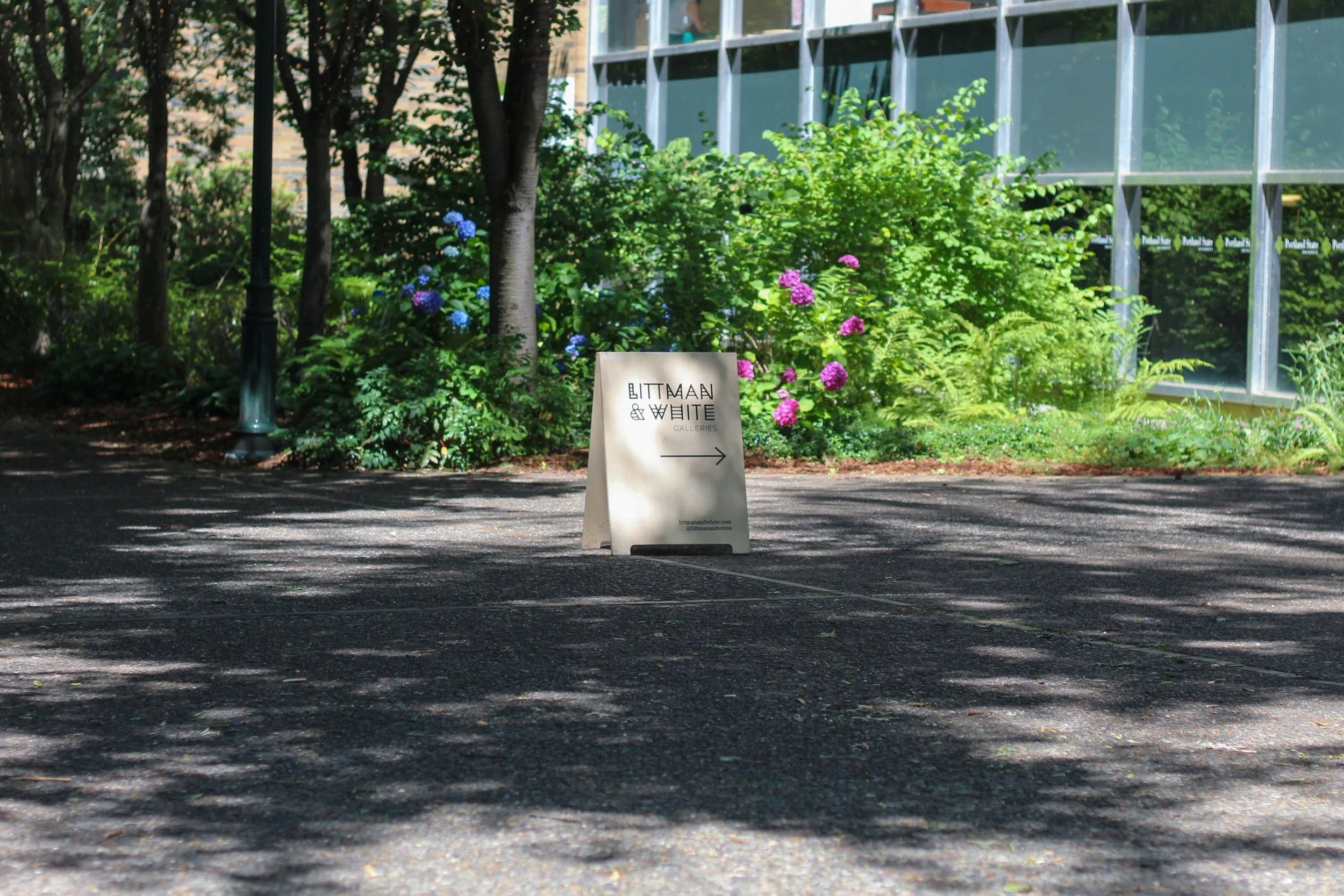 A sidewalk scene with a sign advertising gift gallery, surrounded by lush green bushes and flowering plants, with a building with large glass windows in the background.