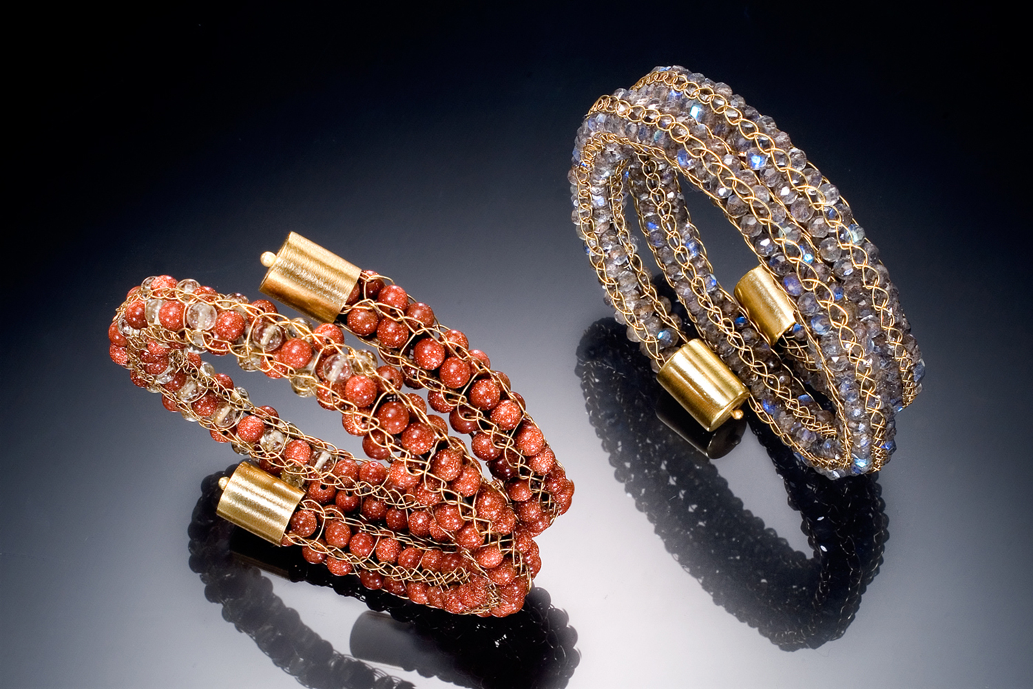 Woven Woven Bracelets. 18K, Carnelian. 18K, White Topaz