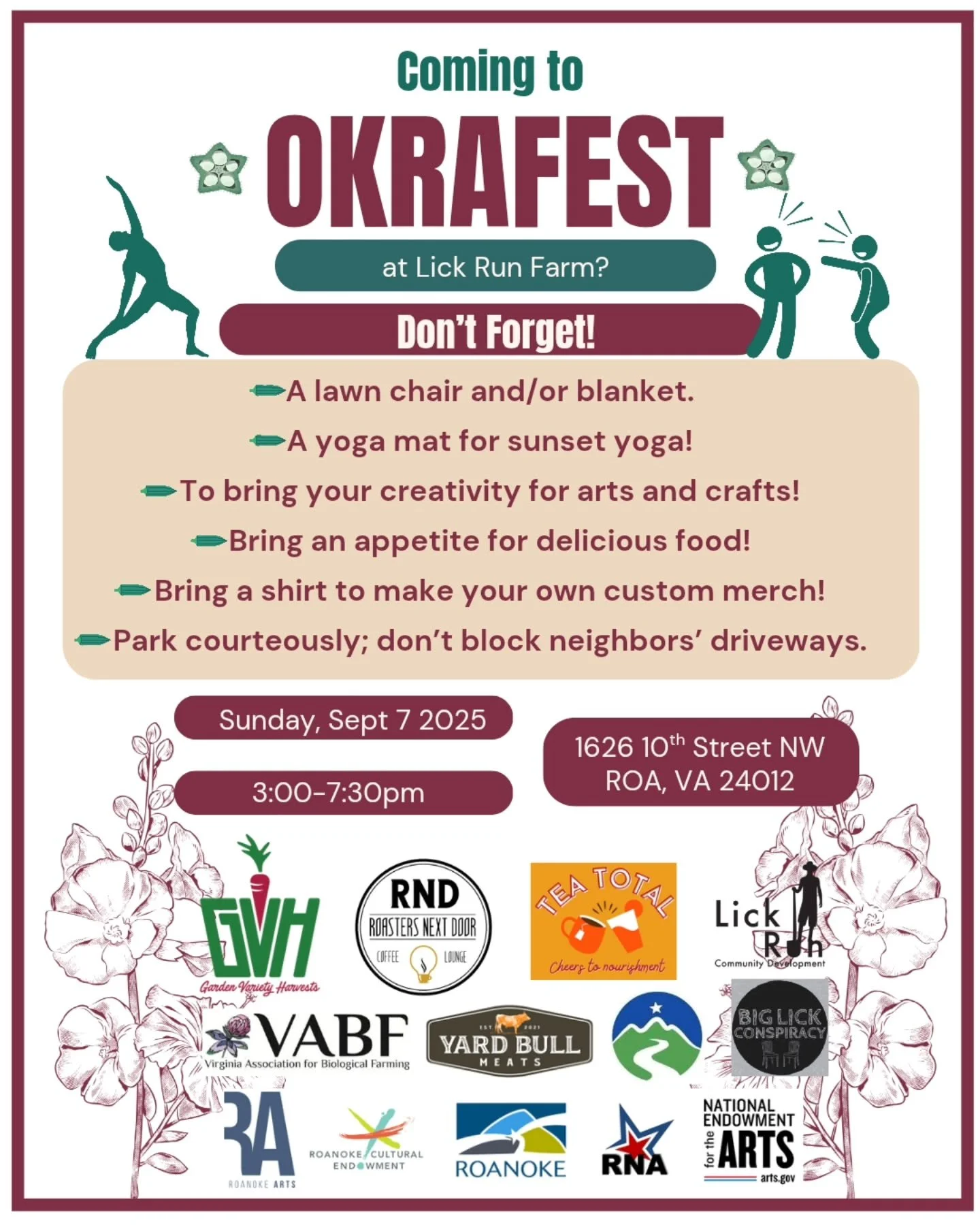 Come out to Lick Run Farm OkraFest today, and dont forget to bring these things with you!!
3-7:30pm at Lick Run Farm!
#OkraFest #eatyouryard #gardenparty