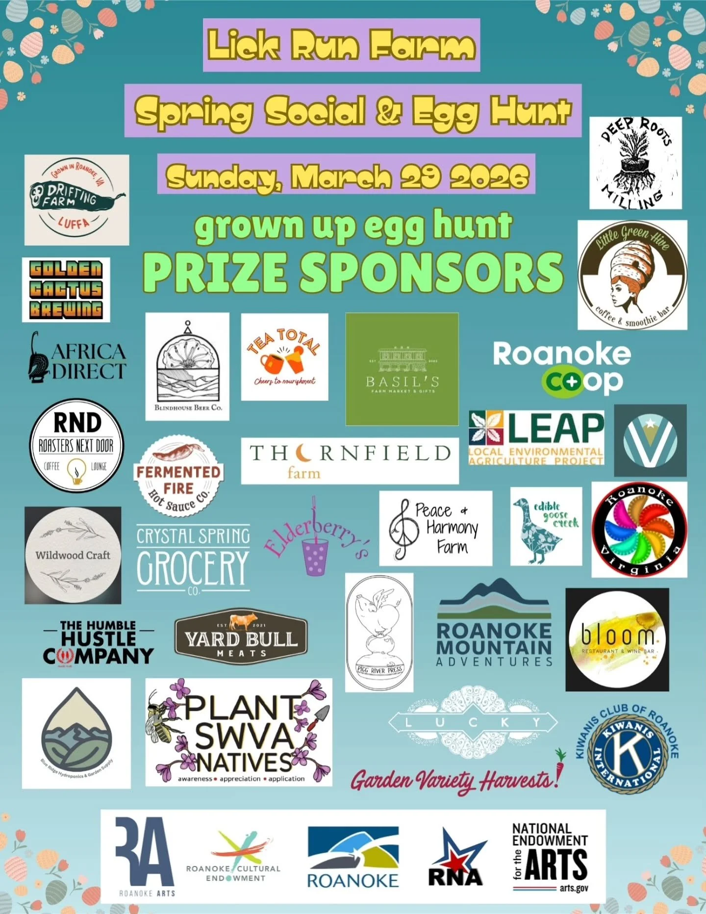 We're gonna have so much fun this weekend at Lick Run Farm!
Look at all these awesome prizes our community has donated for the egg hunt!
Grown-Up Egg Hunt starts at noon sharp; don't be late!
@driftingfarmva @goldencactusbrewing @africadirect @blindh