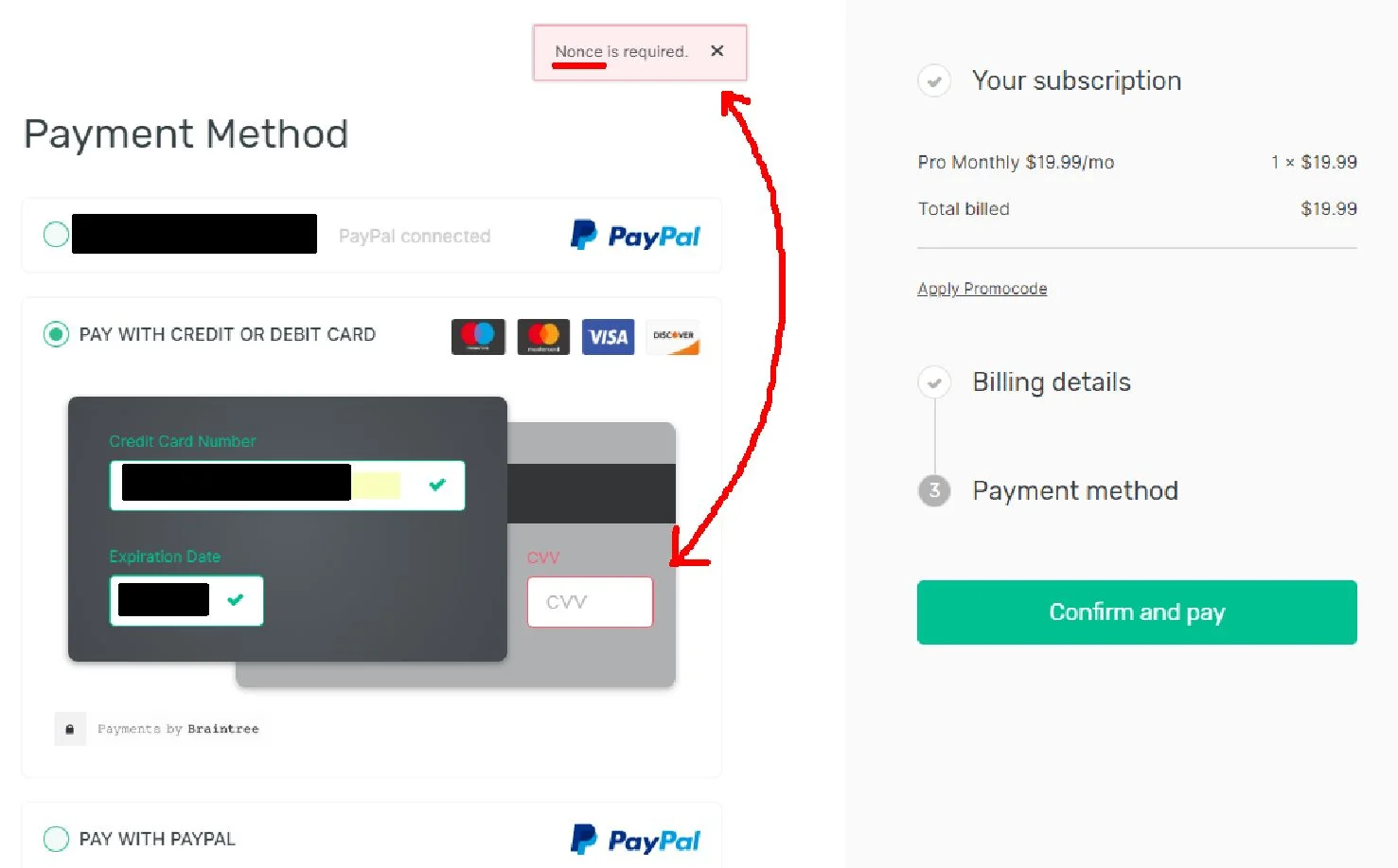 Jargon payment error message of “Nonce is required”
