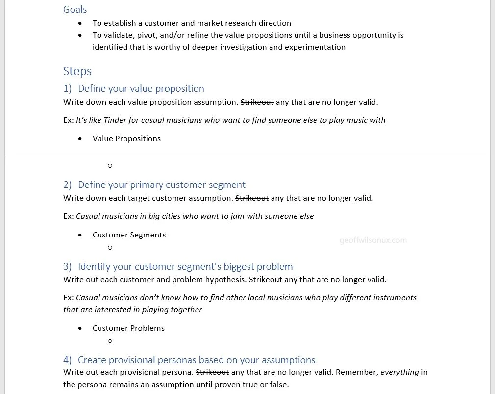 A sample from my value proposition workshop guide written using what I’ve learned from various sources and experiments that I introduced to our programme’s leadership team so that we could begin articulating in simple terms what we wanted to do and who it’d benefit.