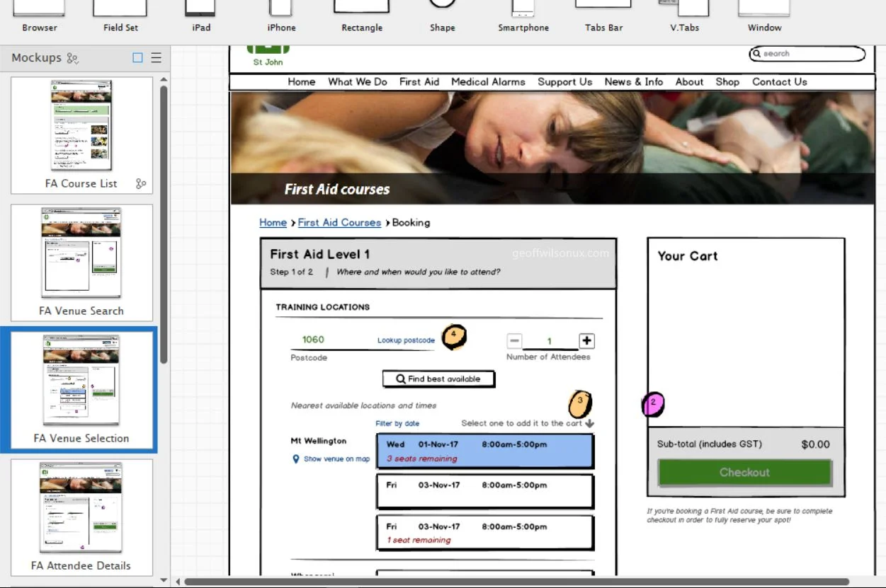 Next, I took the lead on using Balsamiq Mockups to draft up these low-fidelity digital sketches to show how each new page of our revamped website could look, act, and flow according to the user story map that we had created. With each mockup screen, I was keeping re-usability in the back of my mind as this was to be a framework that we would be able to on-board all St John NZ service and content onto in time. These mockups also served as my initial prototypes to begin user and usability testing to learn very early-on if these concepts would help both our B2C and B2B customers accomplish their training needs starting with the golden thread of booking a course.