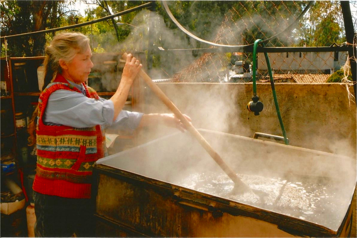 En El Jorongo se tiñe la lana a mano en una tina de acero inoxidable hecho por Sabino Aguilar, el dueño, y usando un quemador de alta presión. Ruth usa tanto las plantas de temporada para teñir como anilinas para obtener una gran variedad de tonos.