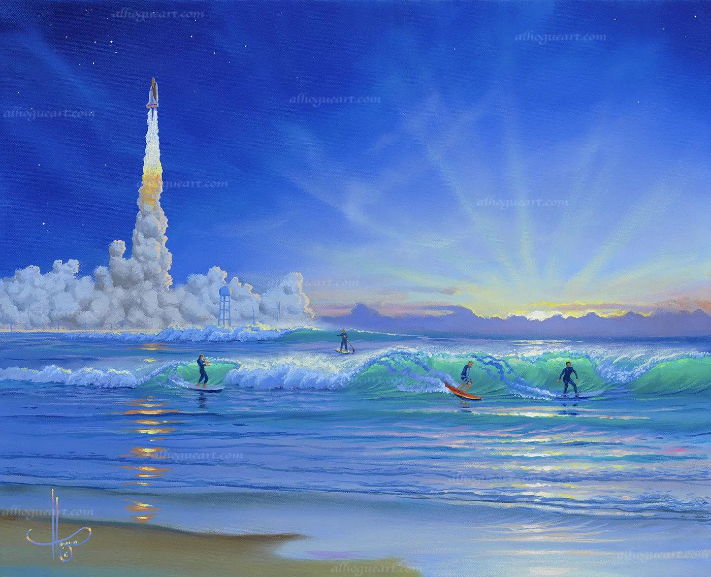 "Second Light" 16"x20" oil painting commissioned by a veteran of the aerospace program in Cape Canaveral Florida. The light from the exhaust plum of the space shuttles main engines and solid rocket boosters was referred to as the light for humans to explore into space, the second light being after the Apollo moon rocket program ended. This beach where he surfs is called the second light.