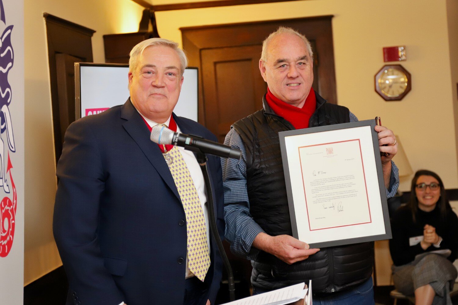  Philip Warner OBE presents a commendation to dedicated member and volunteer, Chris Evans (R) in recognition of his invaluable assistance to the Society’s social workers. Without a doubt Chris’ work has prevented many of our beneficiaries from becomi
