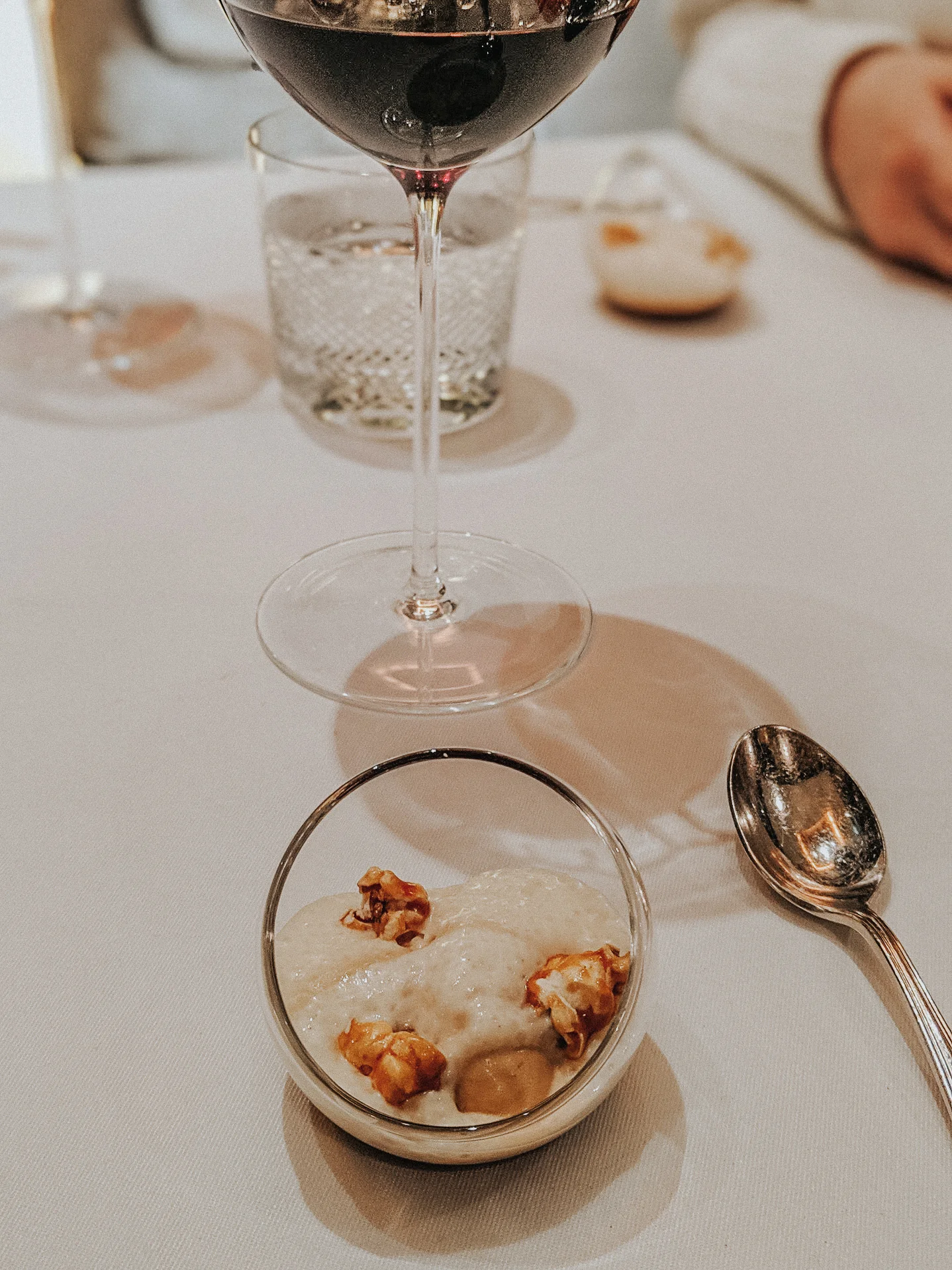 Some kind of caramel popcorn dessert with foam and ice cream — can’t remember exact details.