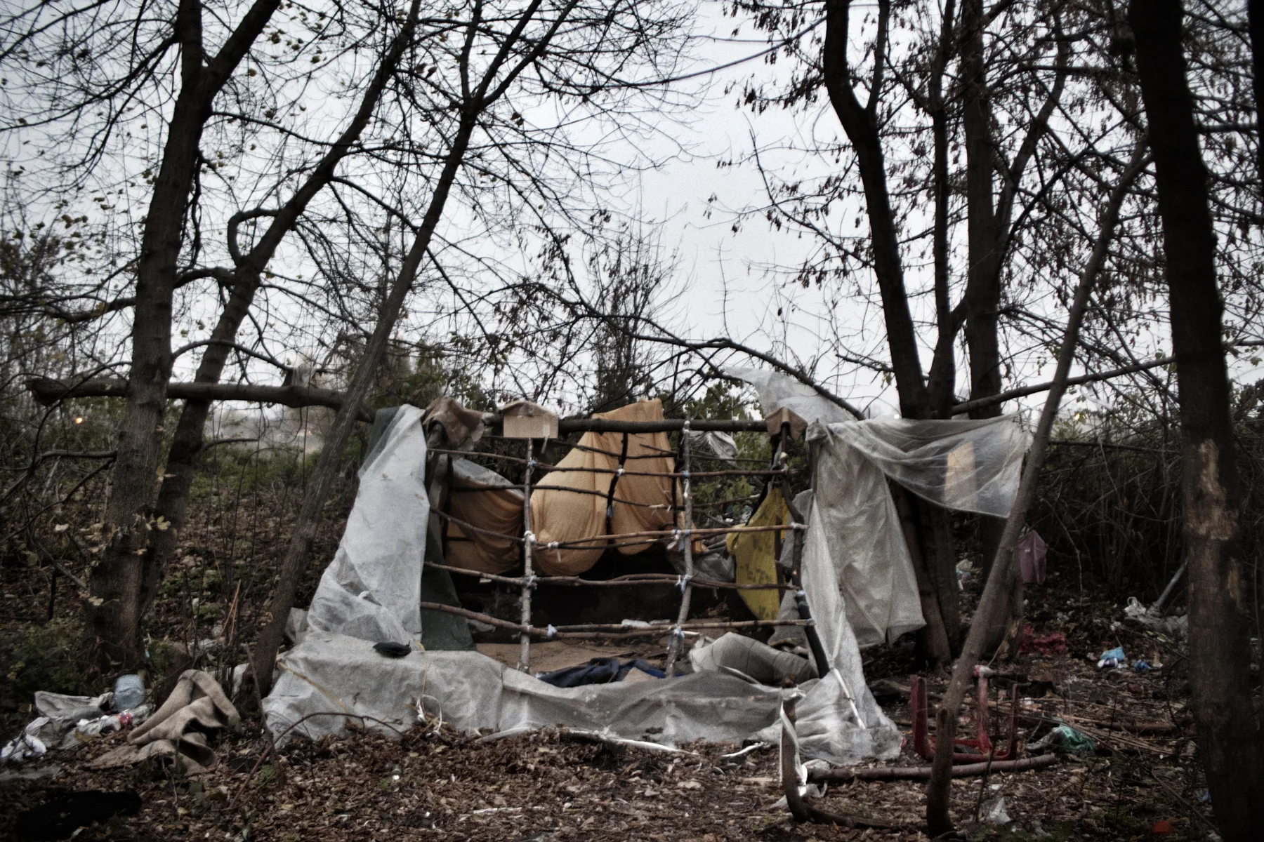 The remains of a makeshift tent used by refugees seen outside Subotica, Serbia. 